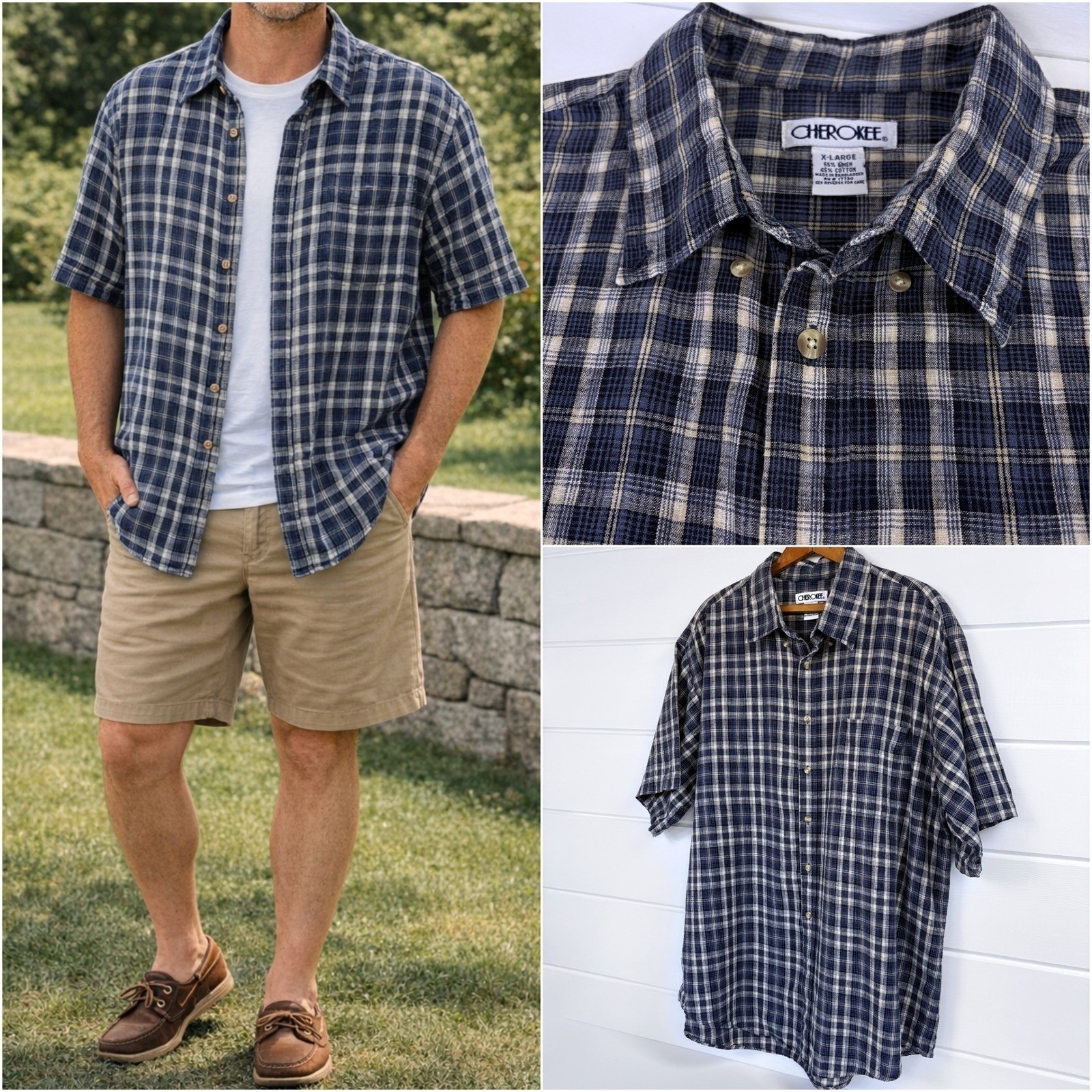 Vtg 90s Cherokee Linen Cotton Plaid Shirt XL Oversized Summer Camp Coastal Lake