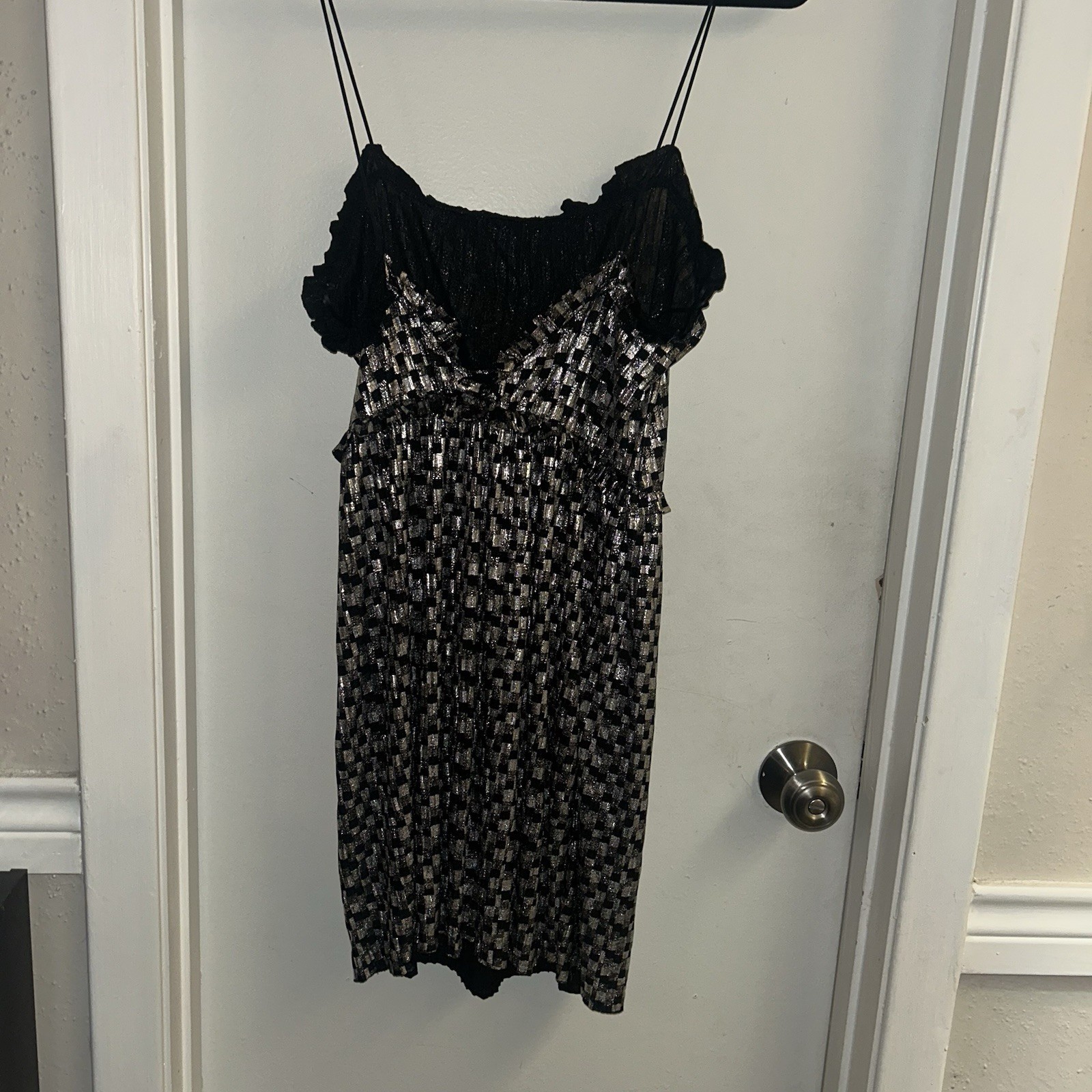 Zara Black Silver Metallic Shimmery Thin Strapped Cinched Waist Dress Small