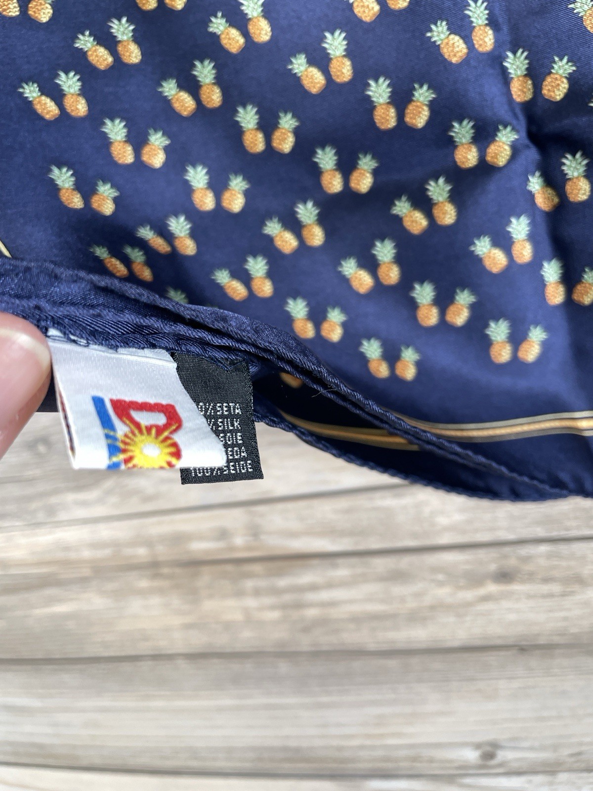 Vtg Dole Pineapple Silk Scarf Navy Blue Tropical Pineapples Square 34×35″ Italy