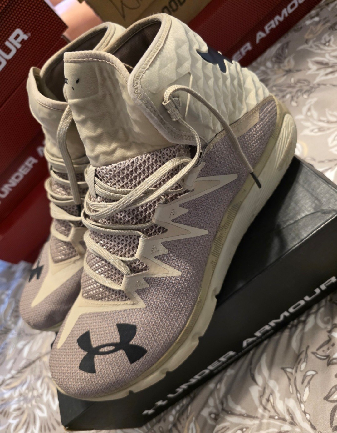 Under Armour Project Rock Delta Mid Top Basketball Sneakers Lace Up Beige