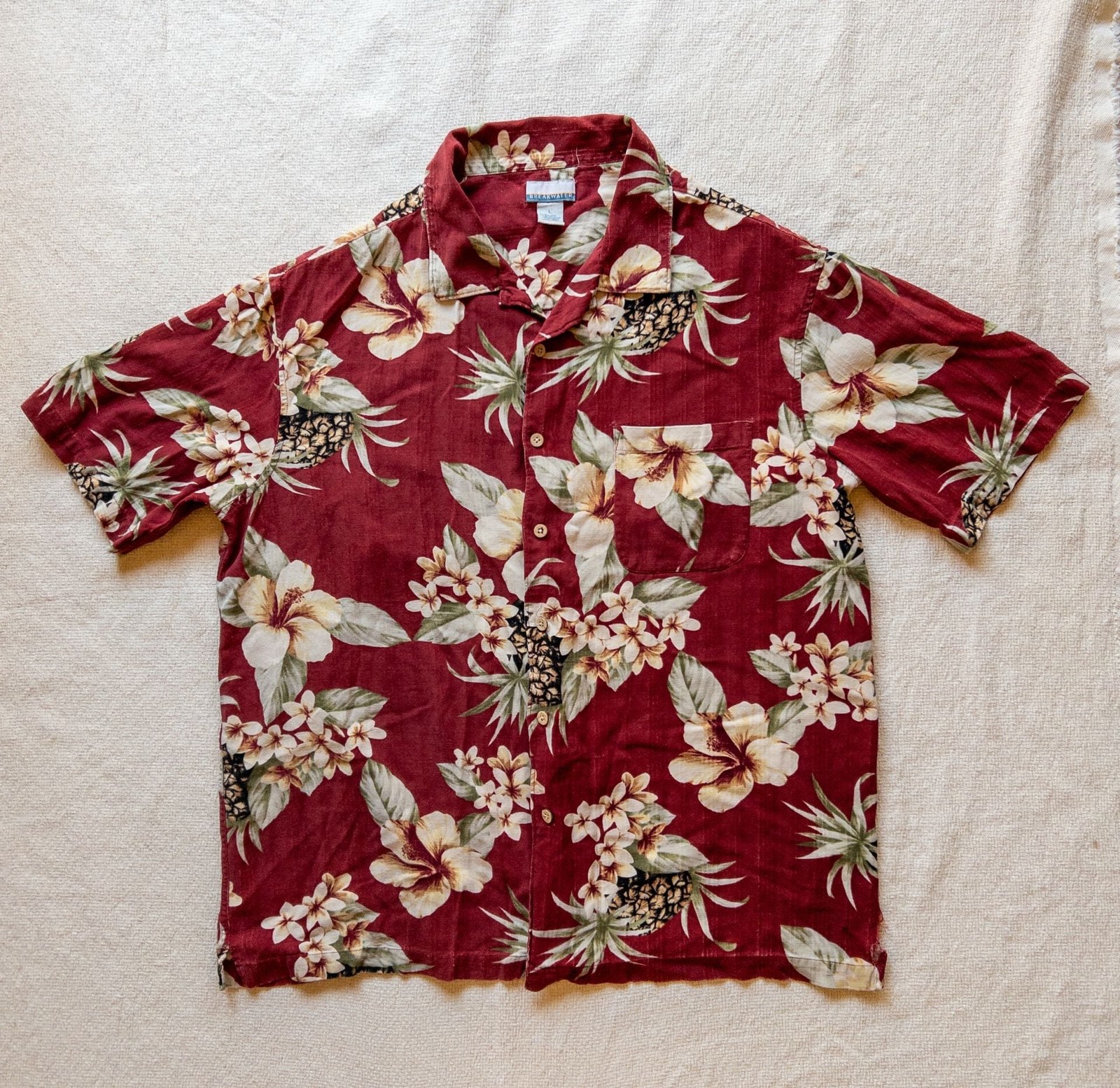 Breakwater Men’s Red Floral and Pineapple Print Short Sleeve Hawaiian Shirt