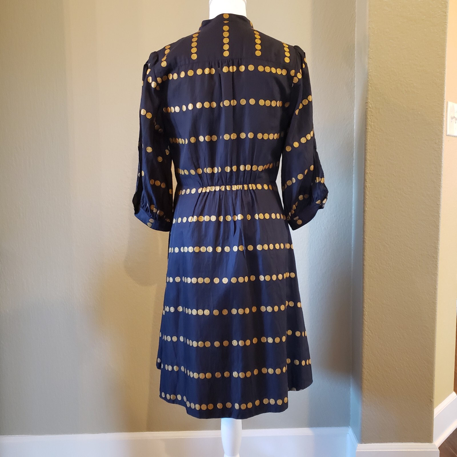 Anthropologie Postmark Dress Womens 6 Navy Gold Dots Slit Sleeves Silk Blend EUC