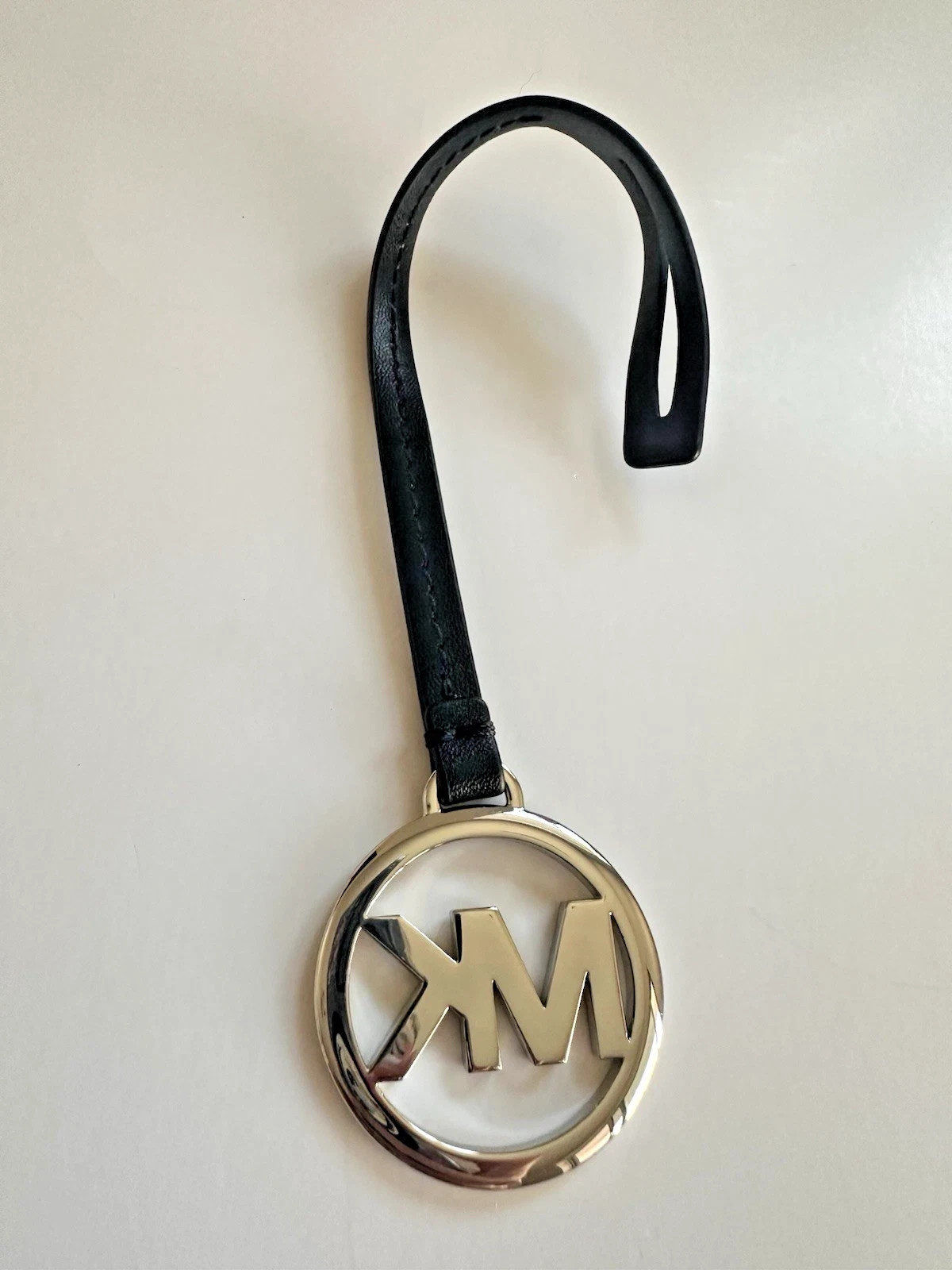 NEW MICHAEL KORS SILVER MK LOGO PURSE CHARM FOB BLACK SMOOTH LEATHER 7.75