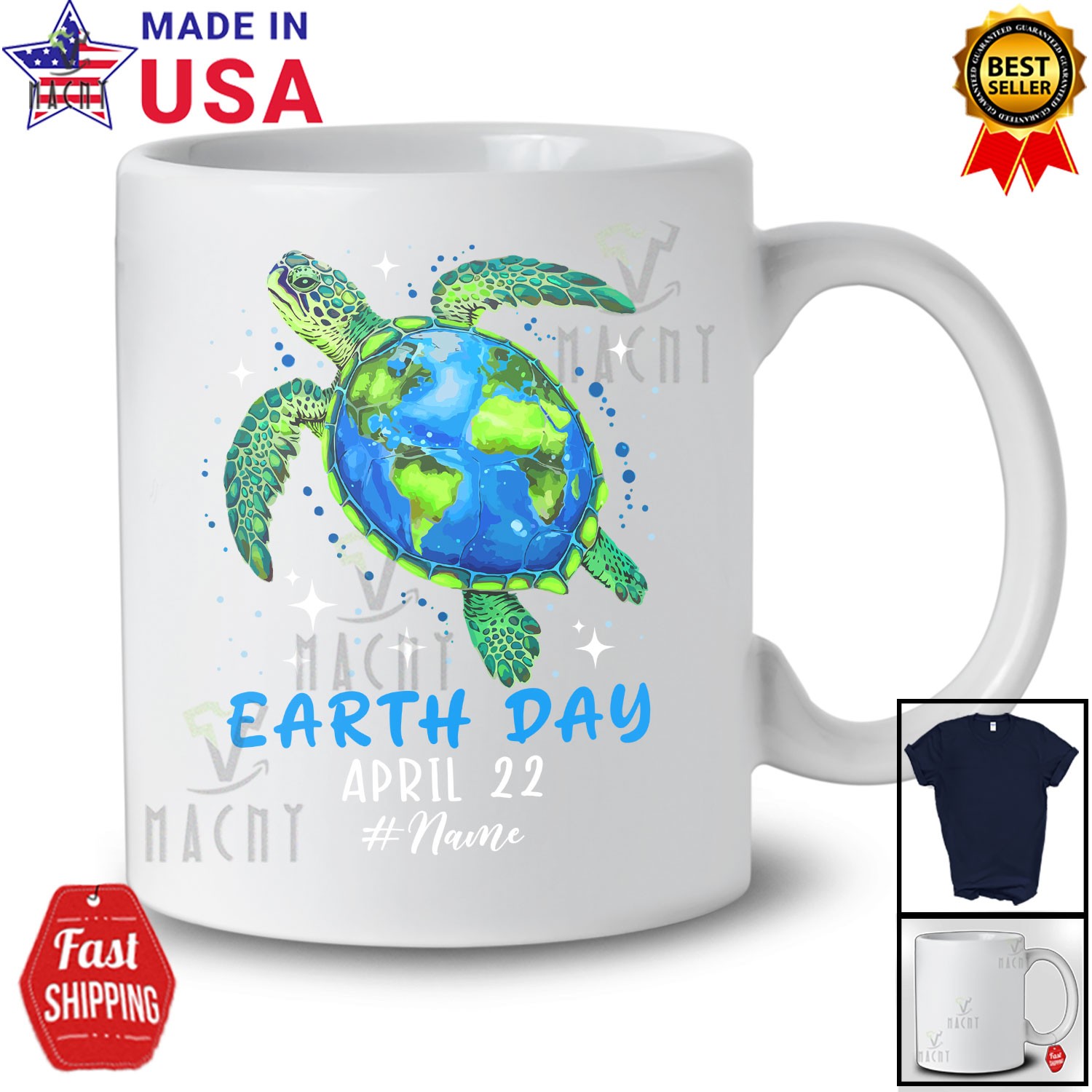 Custom Name Earth Day 2025; Lovely Earth Sea Turtle Art; Save the Planet T-Shirt
