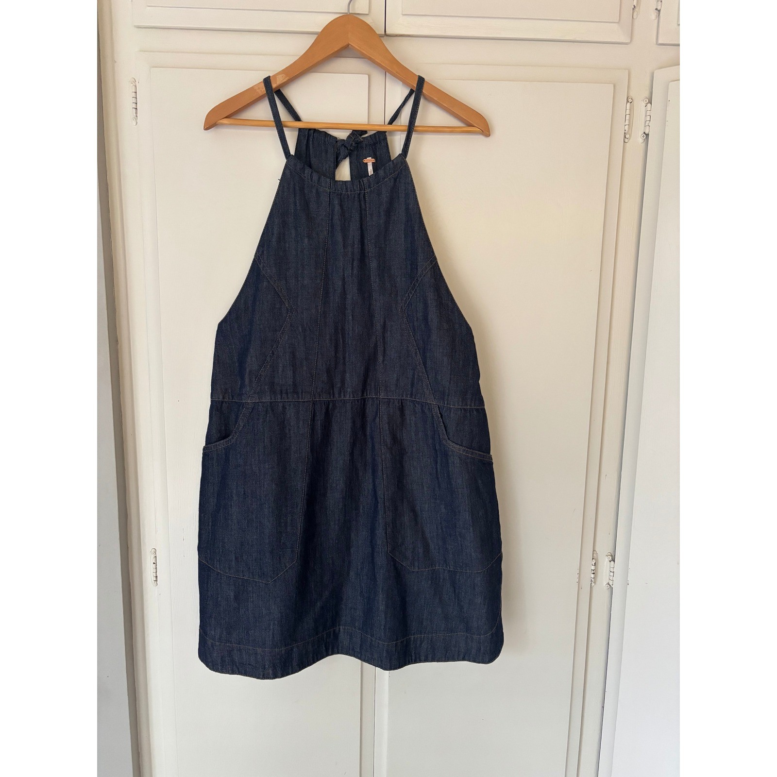 Free People Denim Halter Babydoll Mini Dress Dark Wash Open Back Blue S