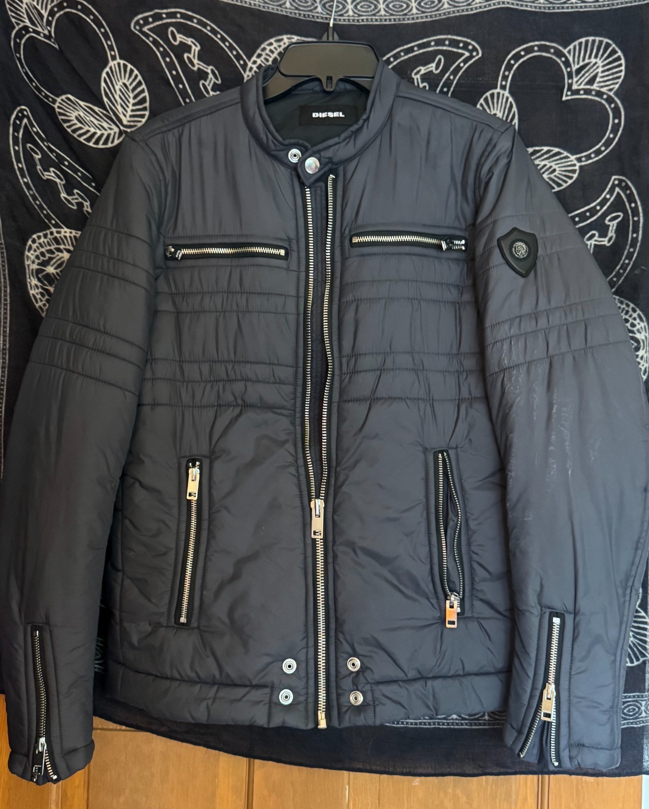 Diesel Men’s Quilted Moto Jacket Racer Collar – Dark Navy | Size M | AS-IS
