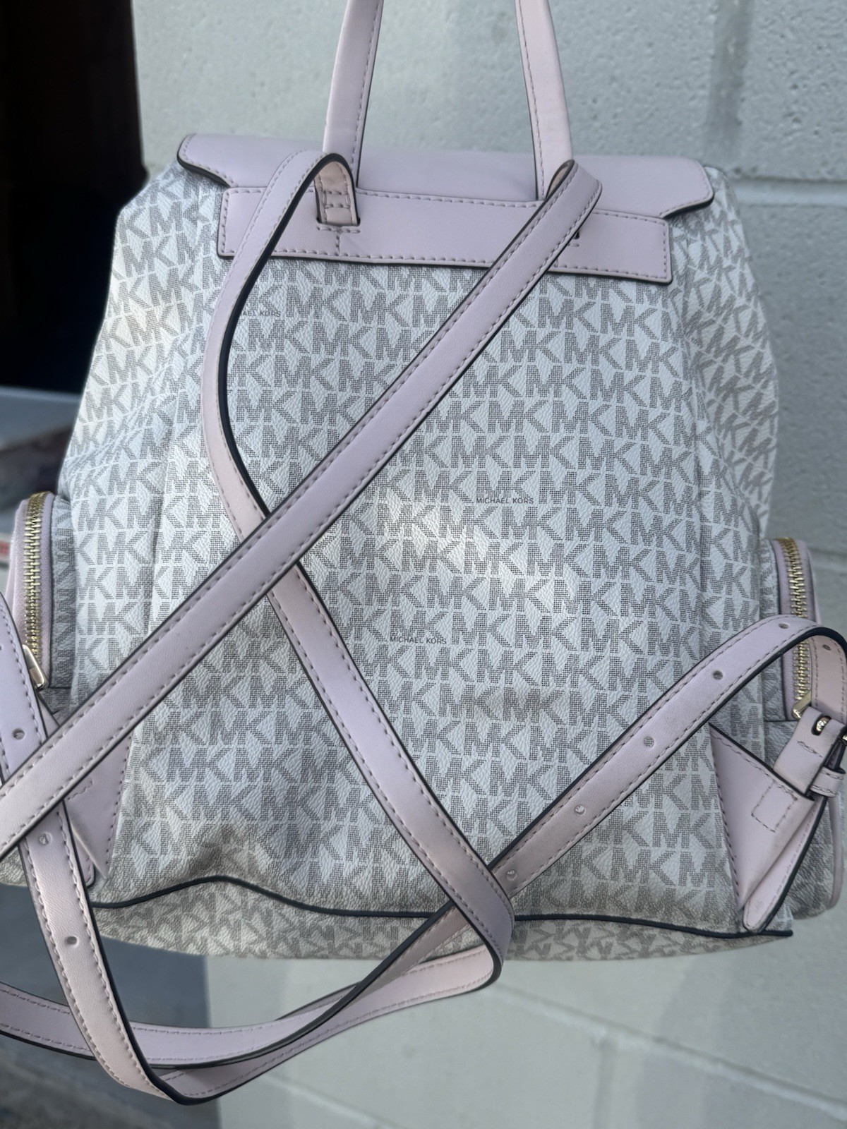 Michael Kors Logo Pattern Backpack Gray/Pink Gold Hardware Drawstring Pockets