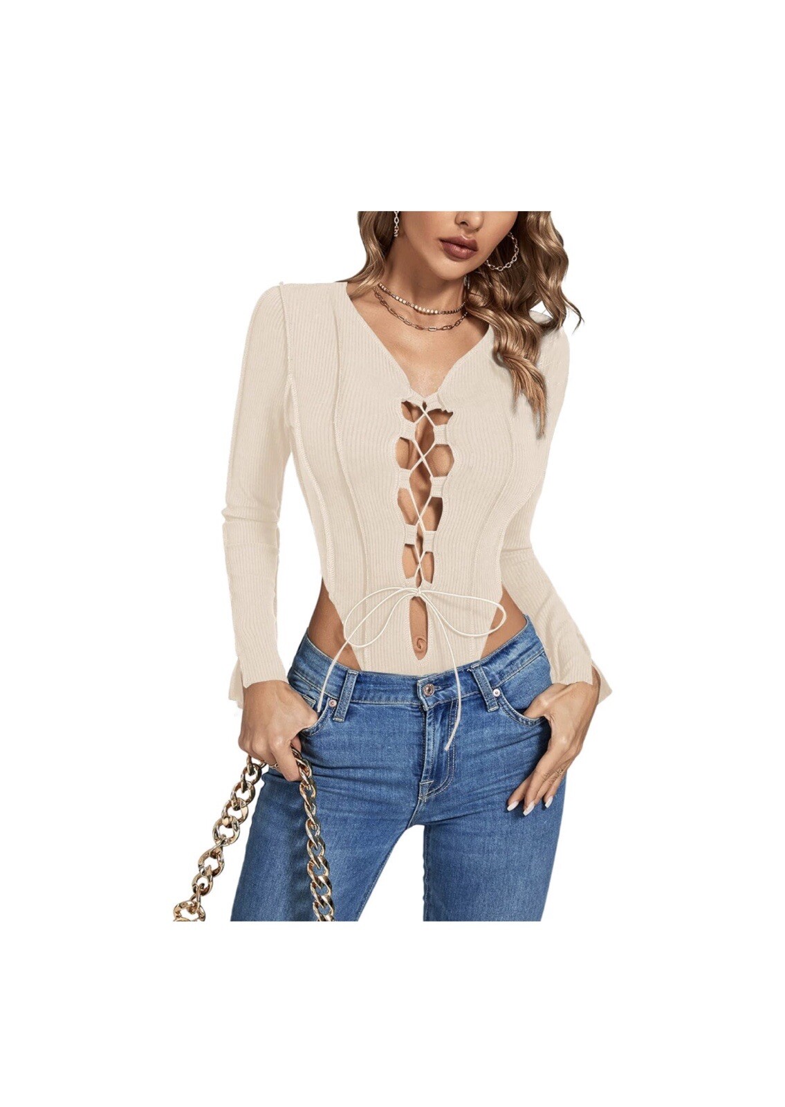 LYANER Women’s Sexy V Neck Long Sleeve Cut Out Criss Cross Lace up Front
