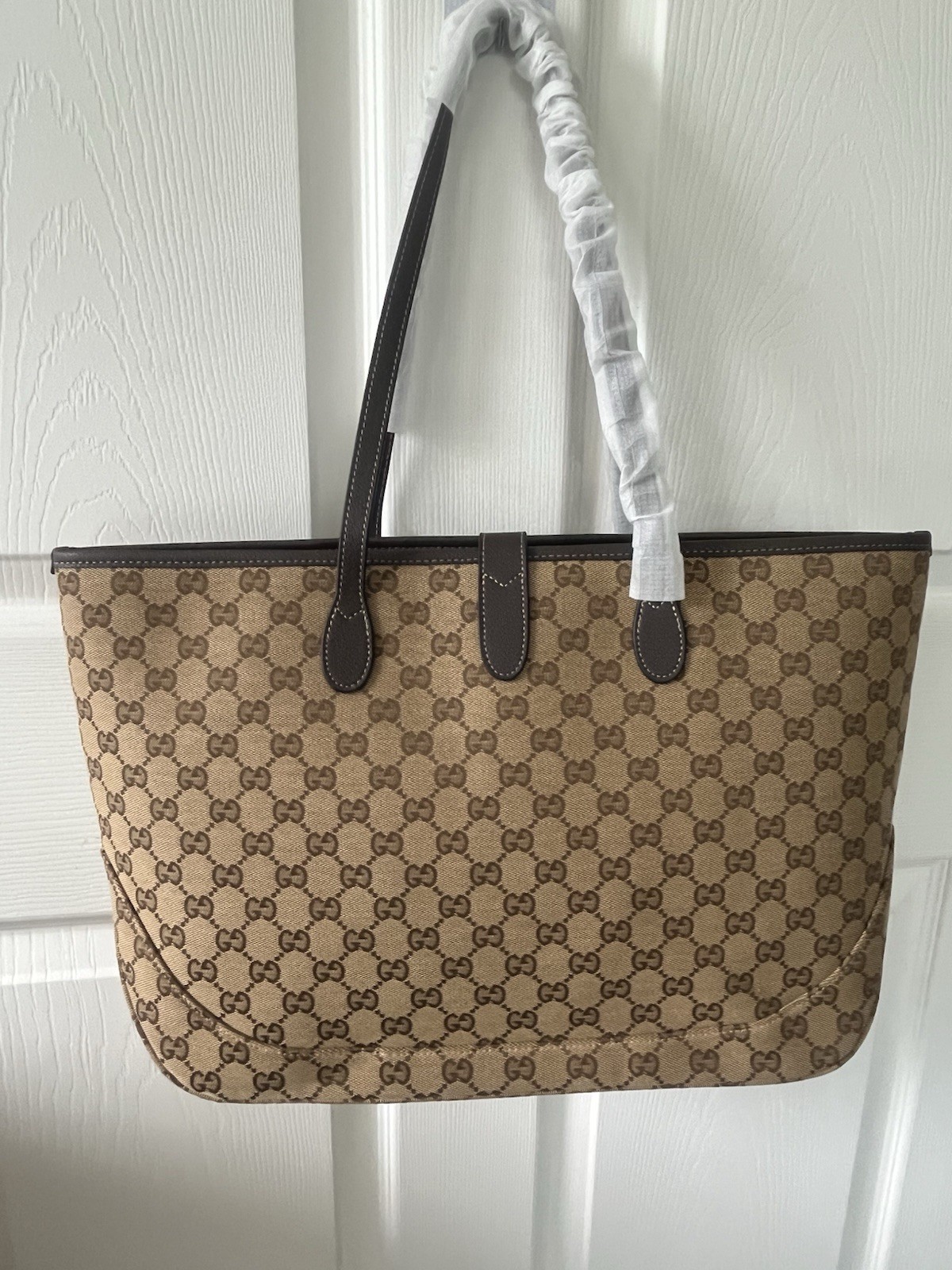 Gucci GG Supreme Monogram Tote Large Beige Brown Turn Lock Gold Detachable Strap