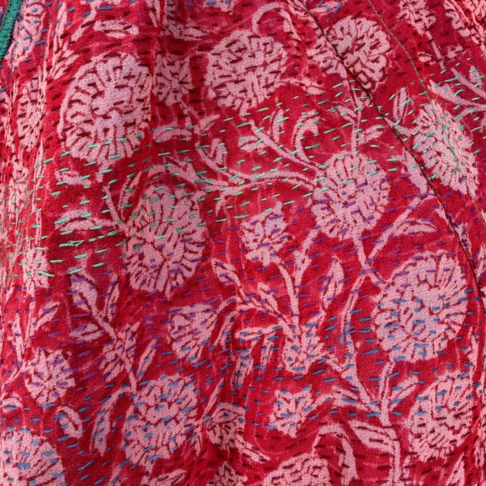 Mieko Mintz Reversible 100% Silk Kantha Jacket Red Blue Floral Bandhani OS India