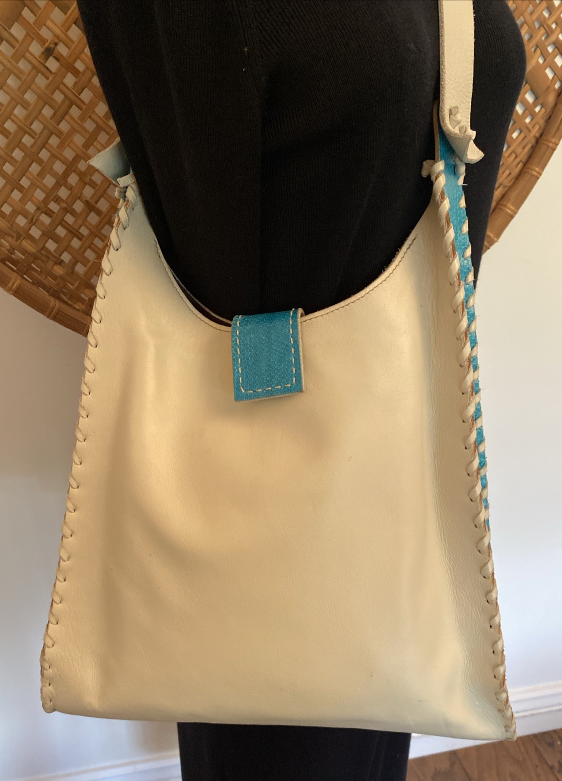 Divine Tribe by Chad Ypon Leather Shoulder Messenger Bag Beige/Turquoise RARE