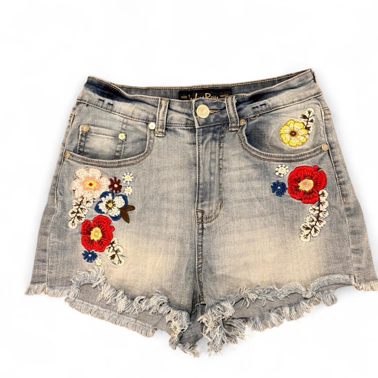 Indigo Rein Juniors Light Wash Floral Embroidered Denim Cut Off Shorts 3 W25