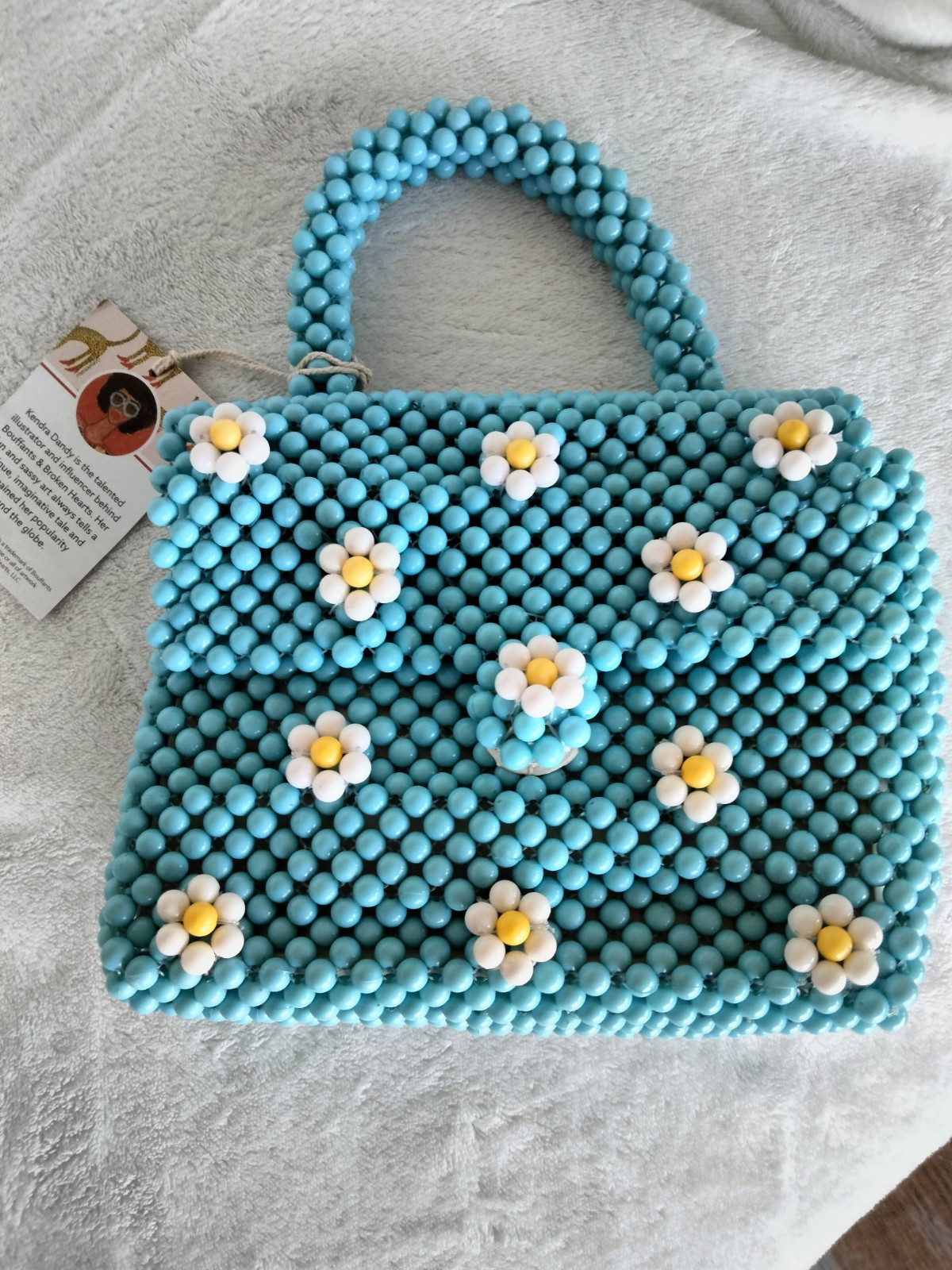 Beaded Blue Top Handle Bag Floral Daisy Detail Gold Chain Strap Button Closure