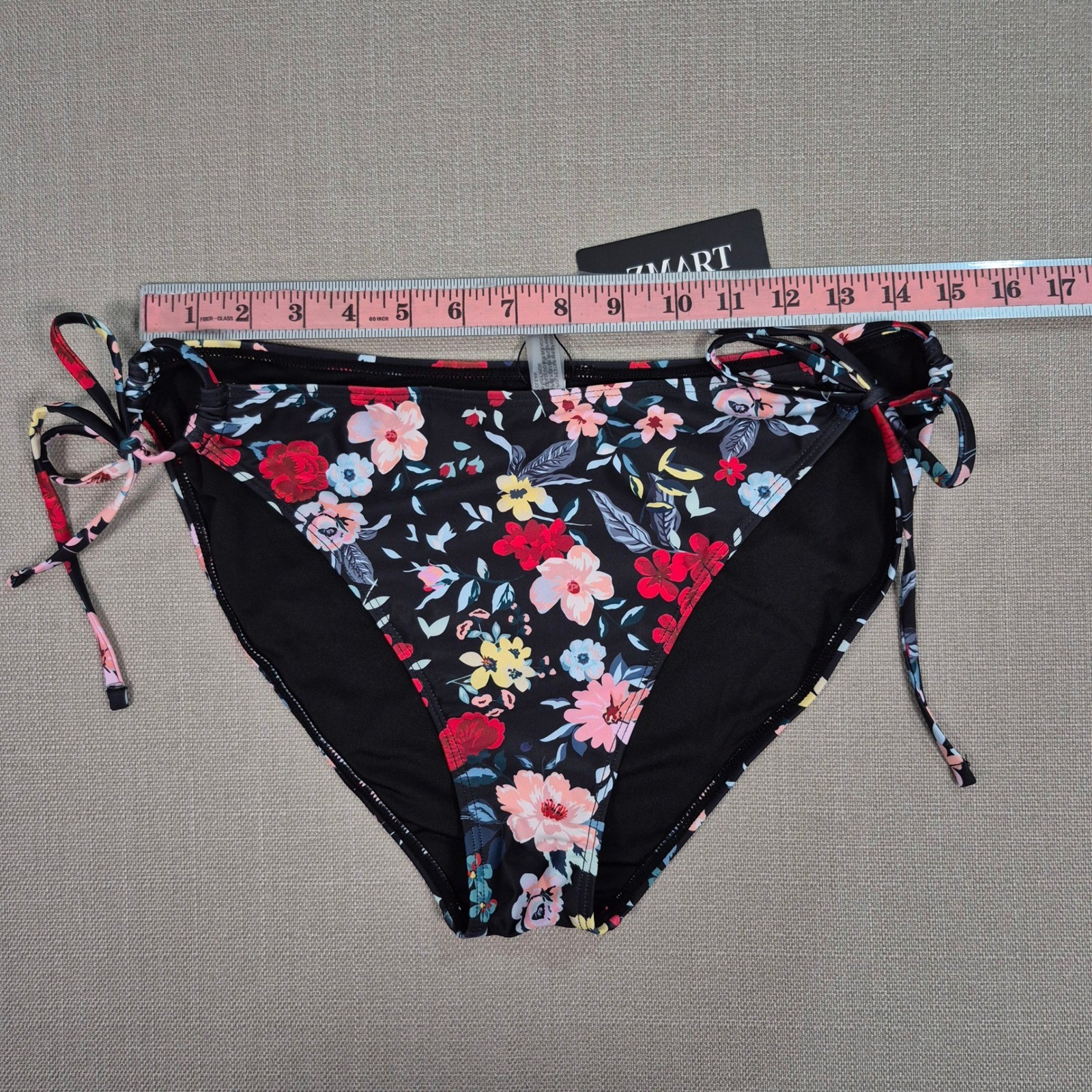 ZMART Womens Floral Side Tie Bikini Bottom Black Multi Color Mid Rise Size Large