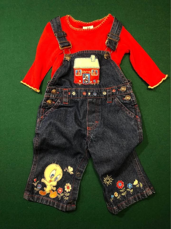 Retro Baby Girl Looney Tunes Tweety Denim Overall Romper Set 6 – 9 Months
