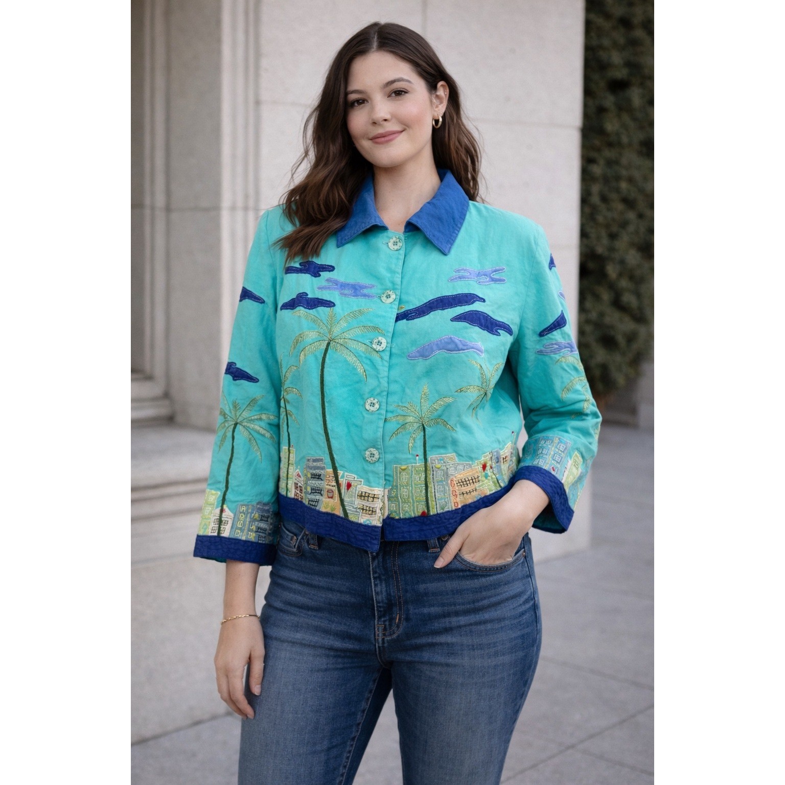 VTG Anage Jacket S Teal Palm Tree Cityscape Applique Travel Novelty Art To Wear