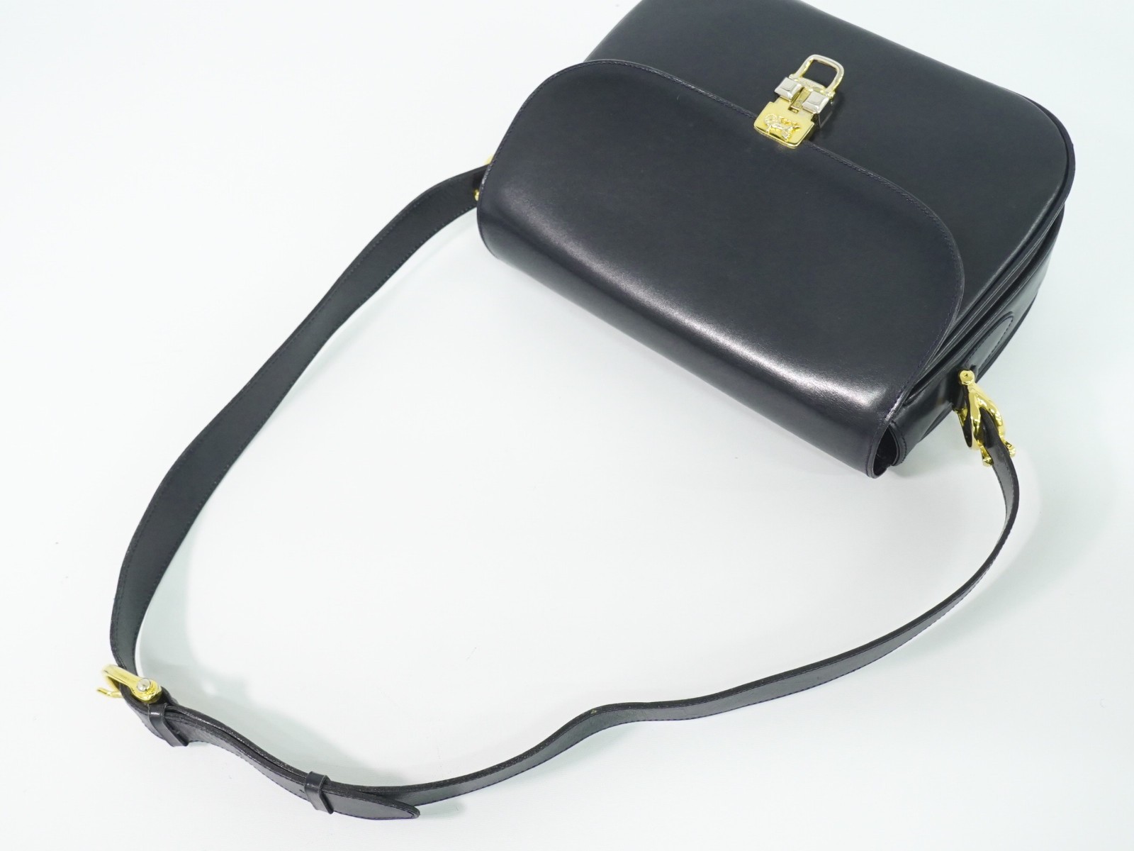 CELINE Horse Carriage Hardware Leather Shoulder Bag Navy Gold