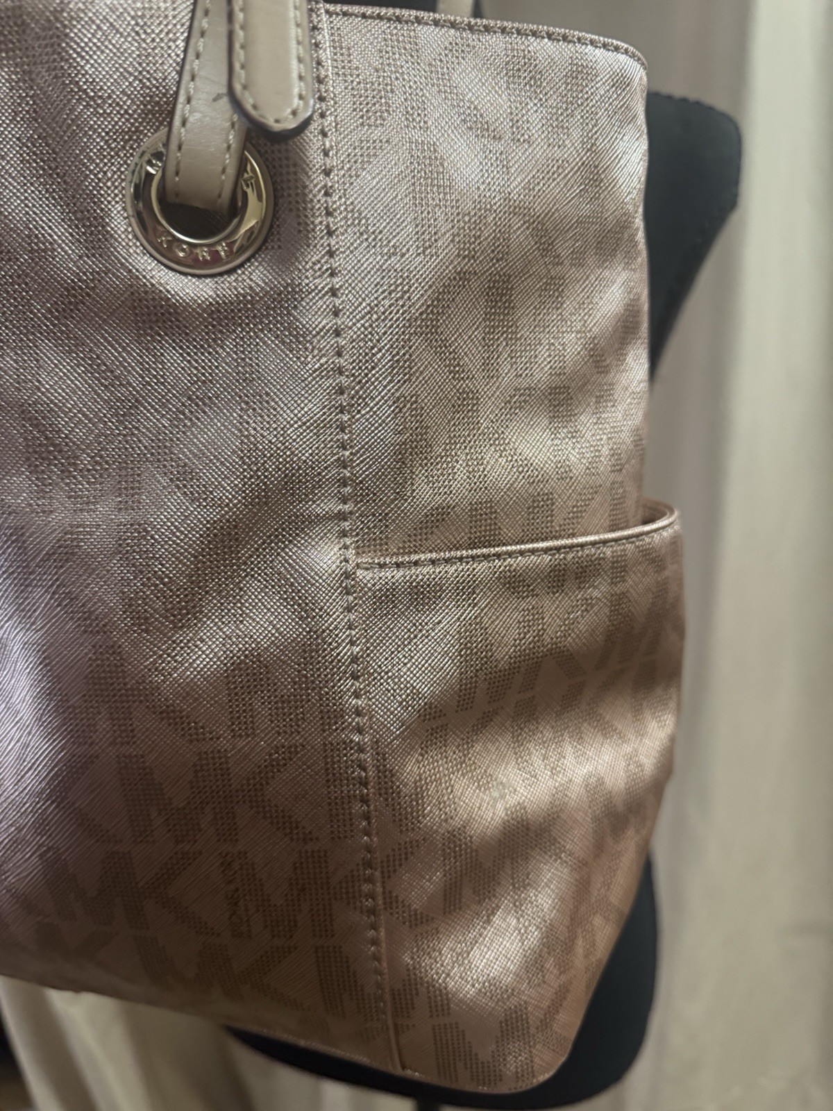 Michael Kors Large Metallic Rose Gold MK Logo Tote Shoulder Bag Gold Hardware