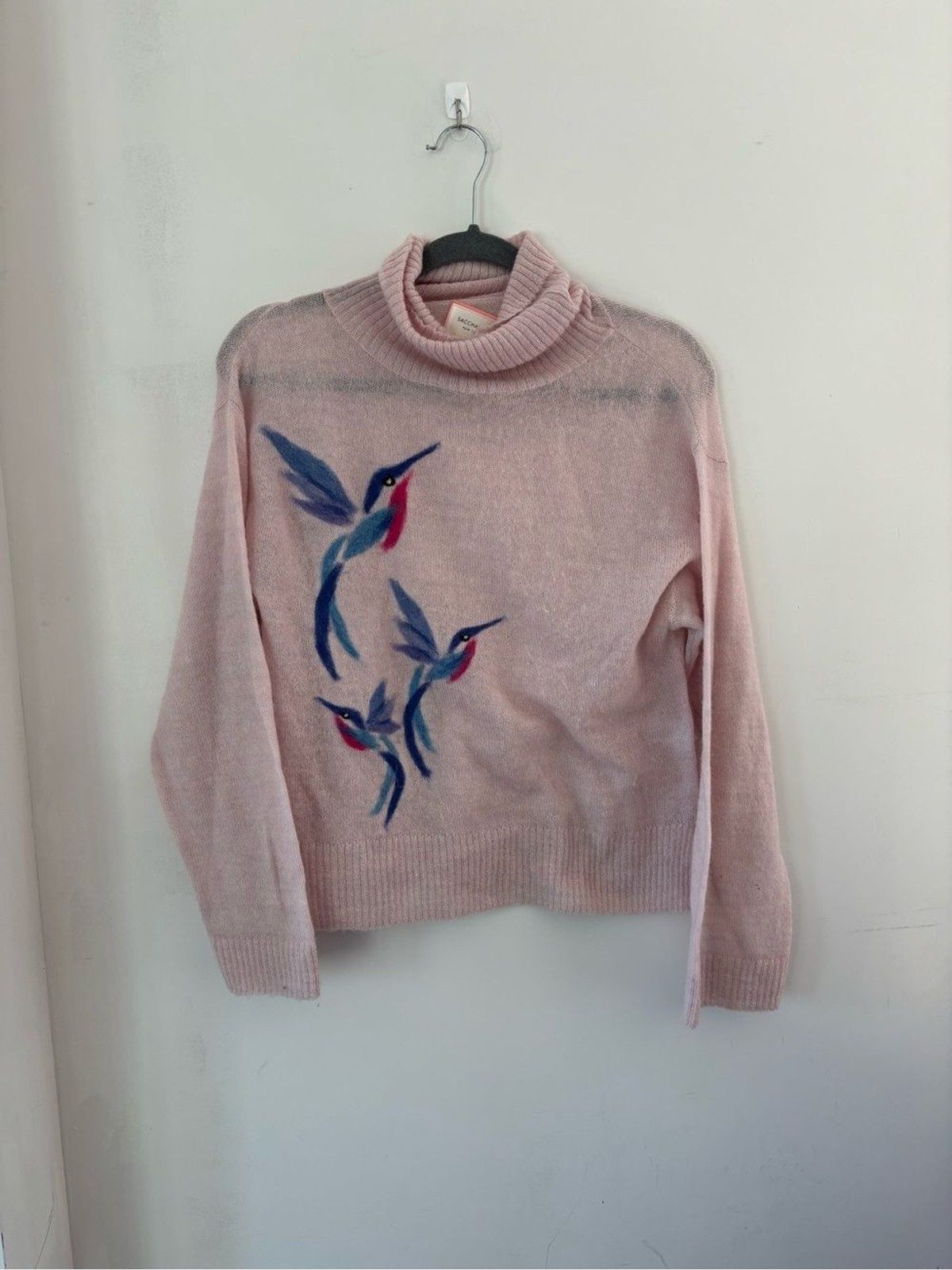 Sacchine New York XS/S Light Pink Wool Blend Sweater Hummingbird Motif