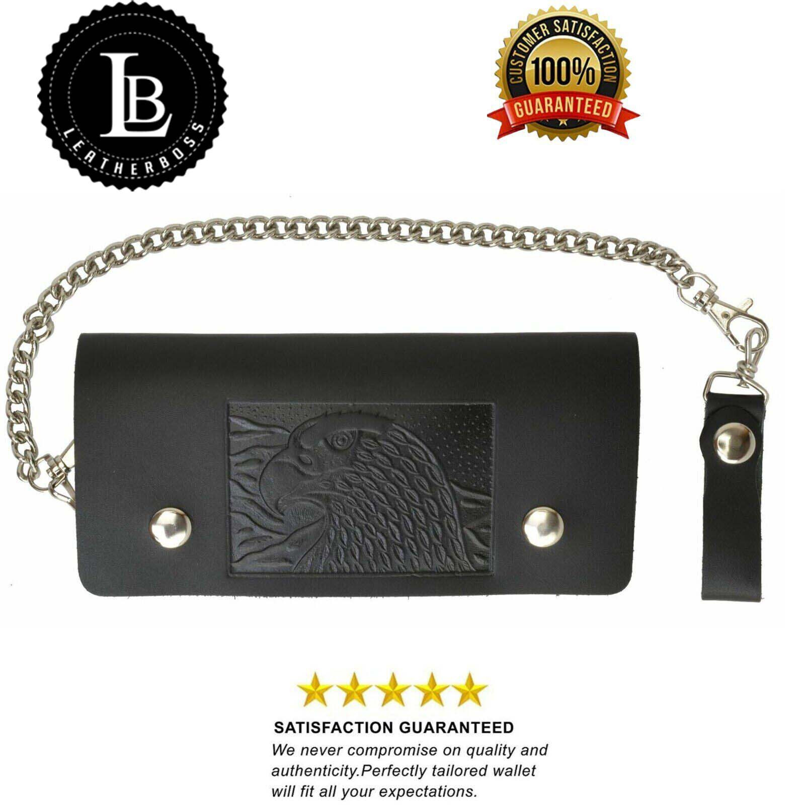 Leather Men Motorcycle Trucker Biker Chain Wallet With Inside Zipper, Black