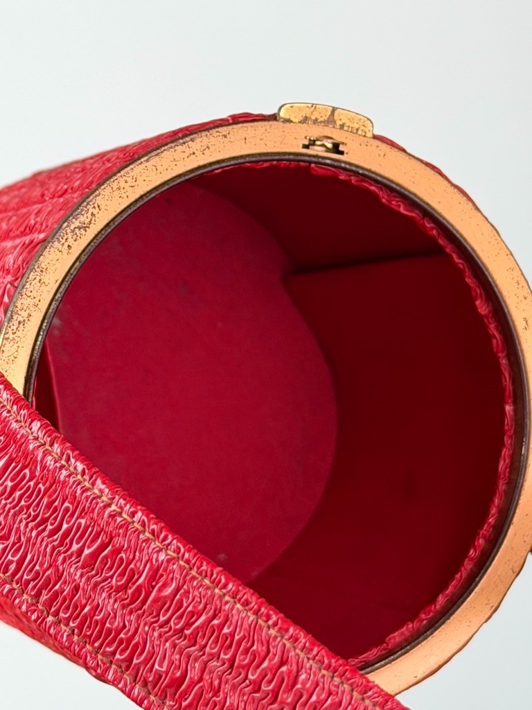 Vintage 1950s red round box purse, vinyl mirror Lin-Bren handbag cylinder small