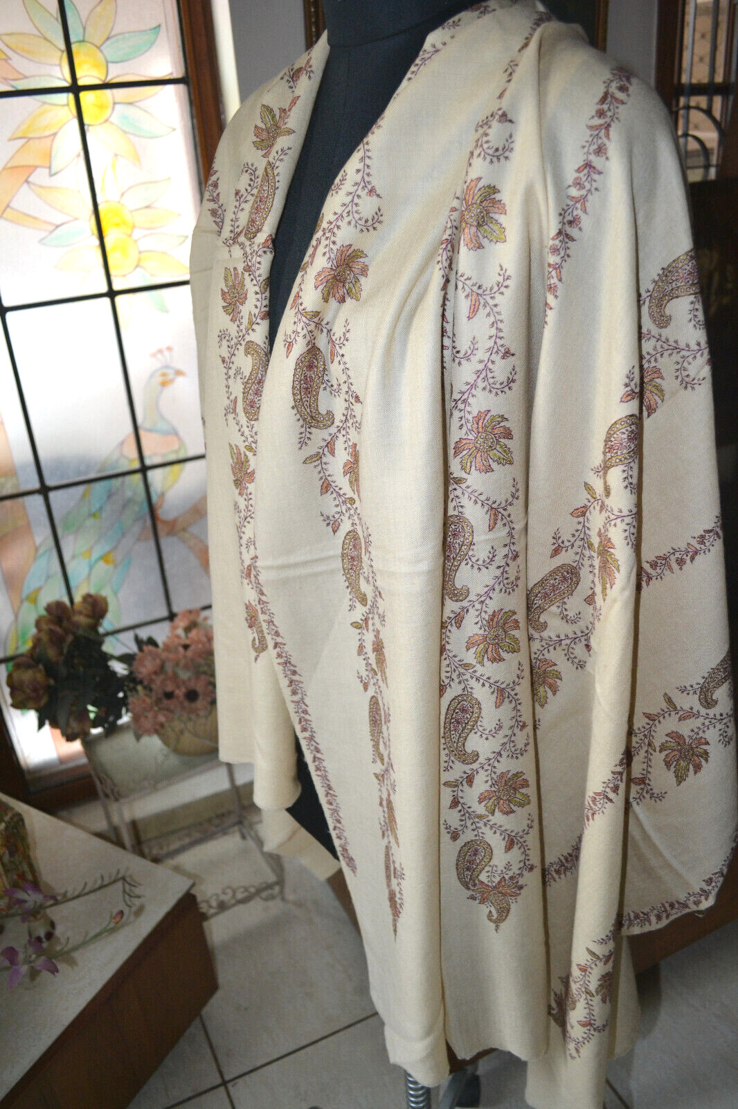 BEIGE pestel MICRO JAAL KASHMIRI EMBROIDERY SHAWL ~ 100% CASHMERE PASHMINA
