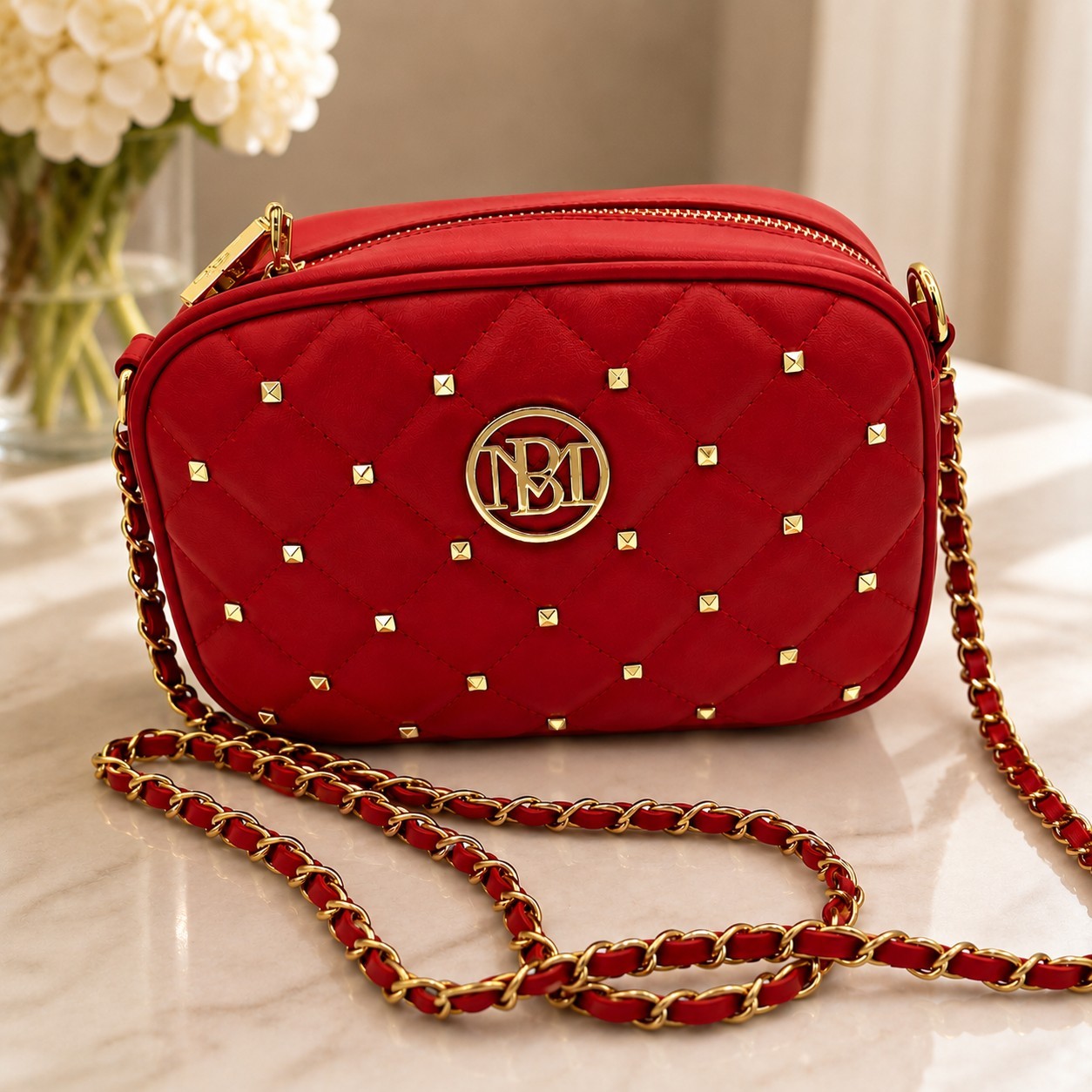 Badgley Mischka Red Quilted Studded Logo Crossbody Bag Gold Chain Strap
