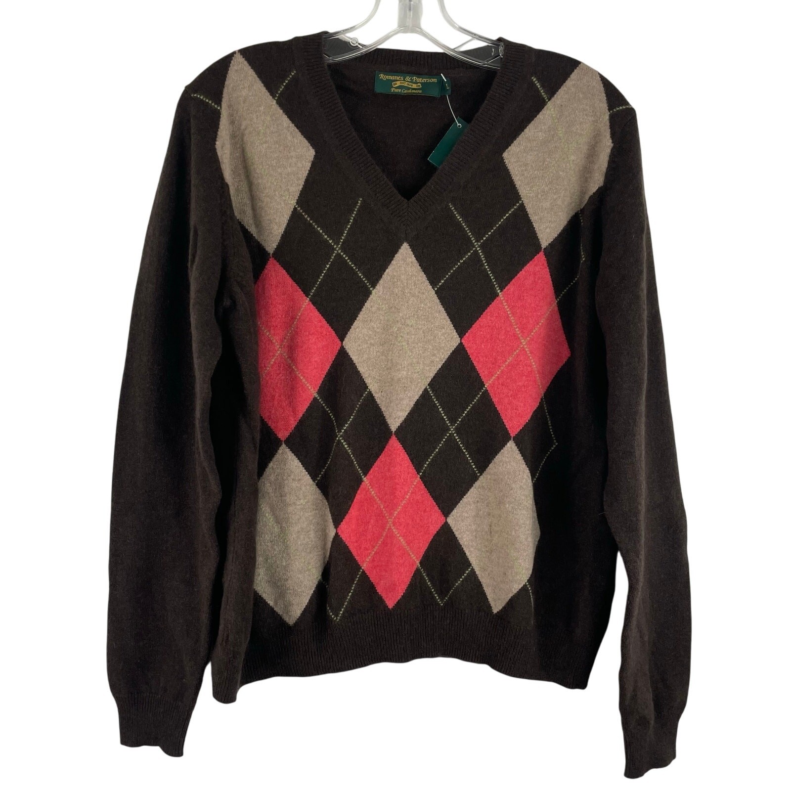 Romanes & Paterson Pure Cashmere Brown Argyle Large Sweater 100% Pure Cashmere