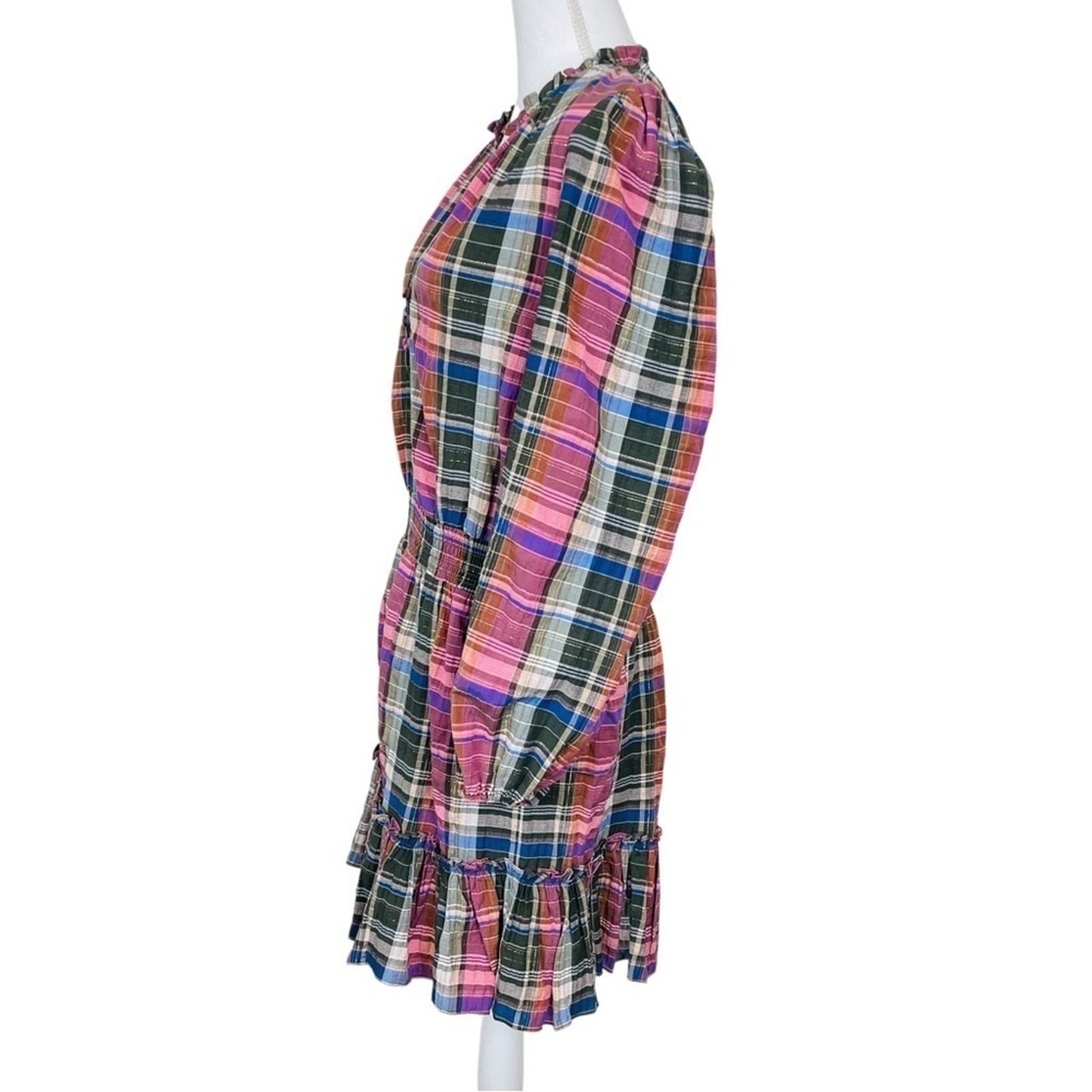 Veronica Beard Jeans Destiny Ruffled Metallic Checked Cotton Blend Mini Dress