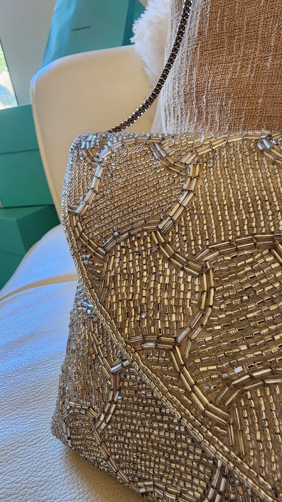 VTG – WALBORG Silver Glass Beaded Evening Purse Scalloped Mosaic w/ Original Box