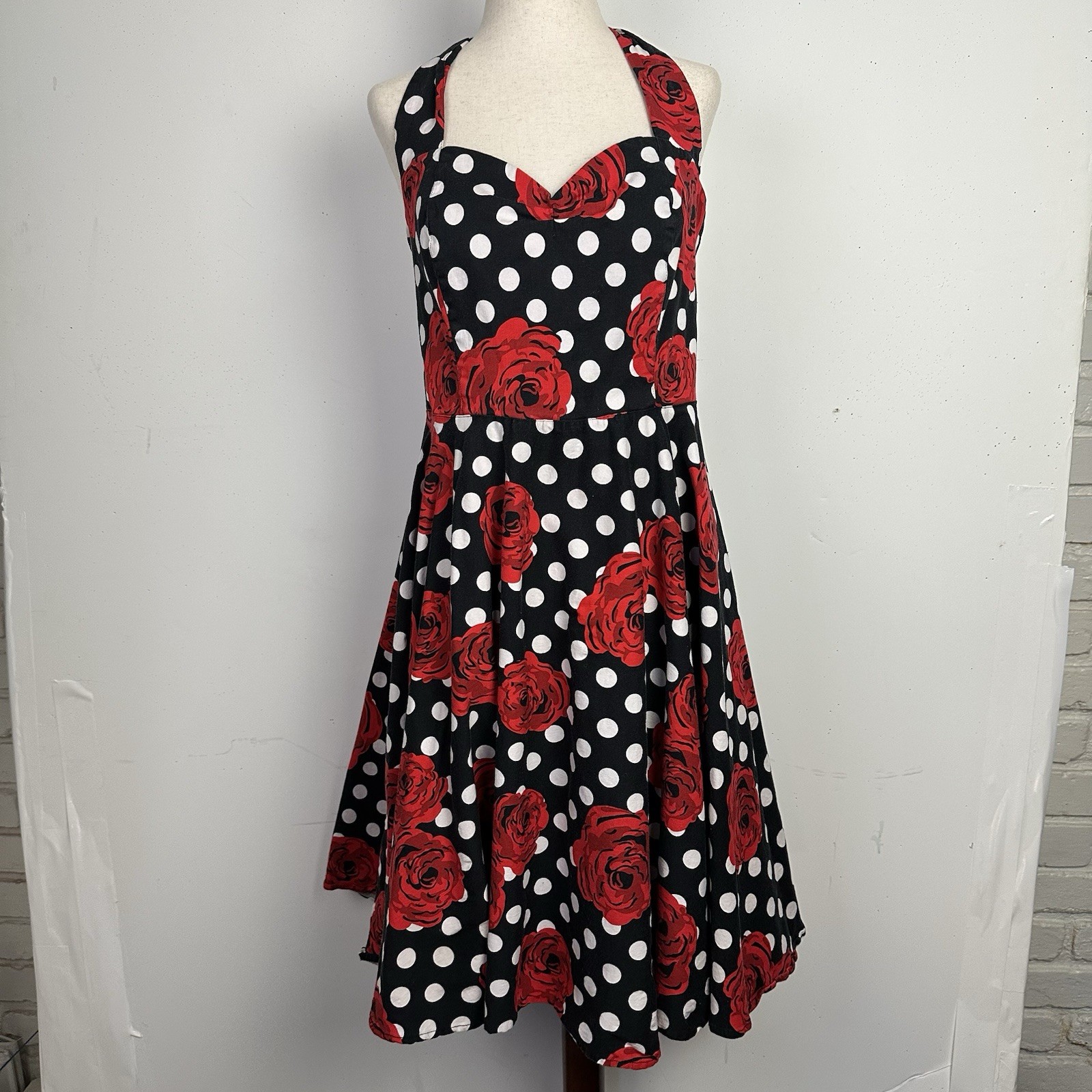 Fit Flare Dress Swing Polka Dot Rose Halter 50s Rockabilly Pin-Up Retro Twee L