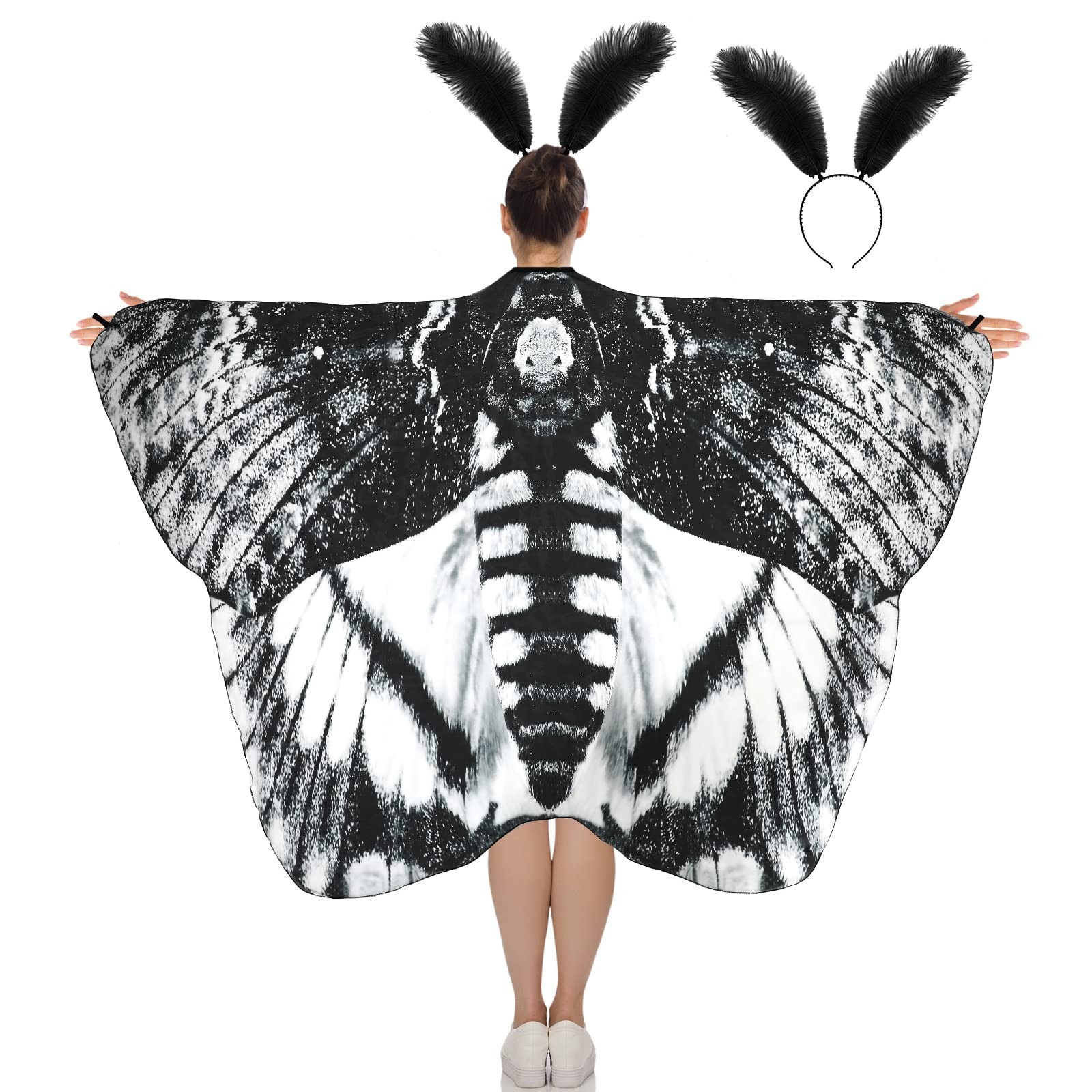 2 Pcs Halloween Moth Butterfly Wings Cape Costume with Feather Ant Headband