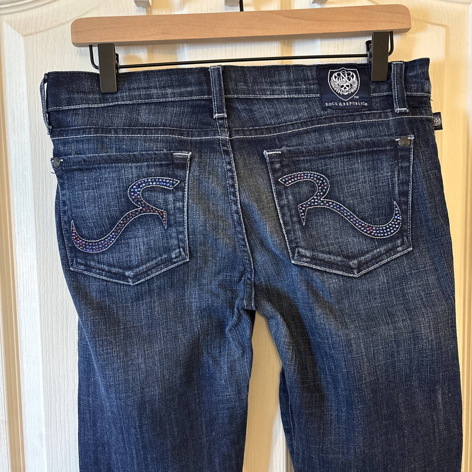 Vintage Rock & Republic Dark Blue Embellished Flare Jeans Women’s Size 29