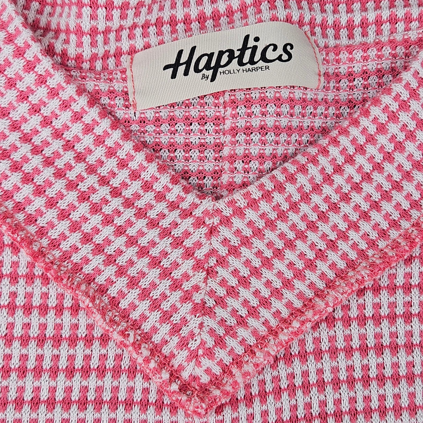 Haptics by Holly Harper Pink Jacquard Gingham V-Neck Top Short Sleeve Loungewear