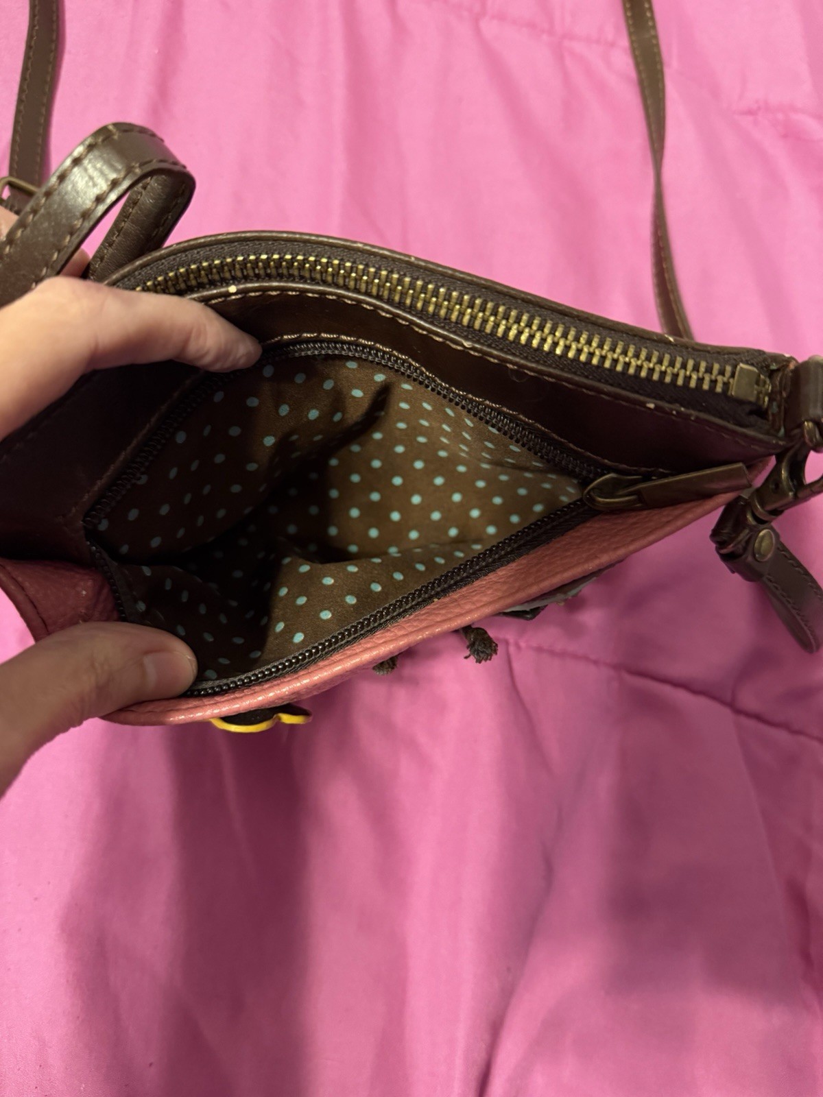 Chala Pink Butterfly Flower Accent Crossbody Bag Brown Strap Bronze Zipper Purse
