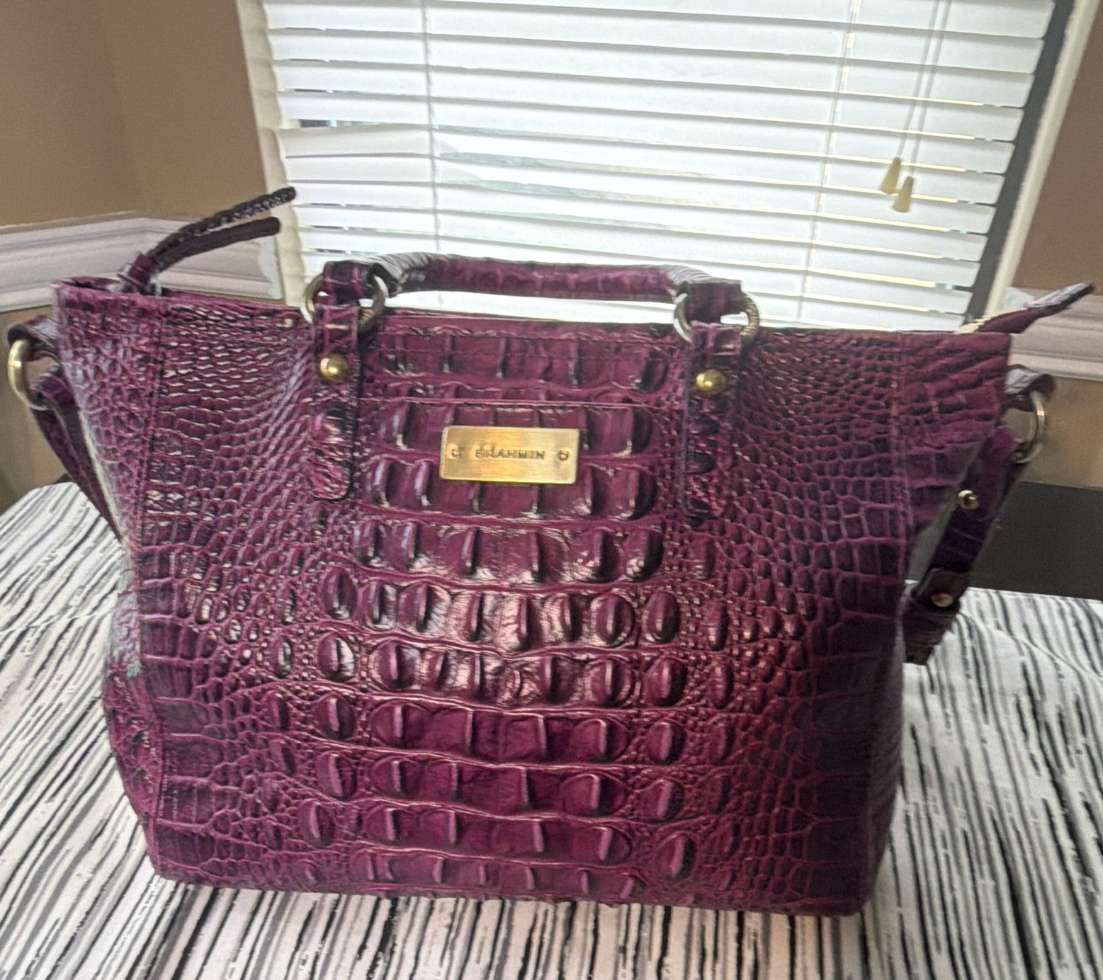 Brahmin Purple Animal Embossed Satchel Top Handle Zip Detachable Strap Gold
