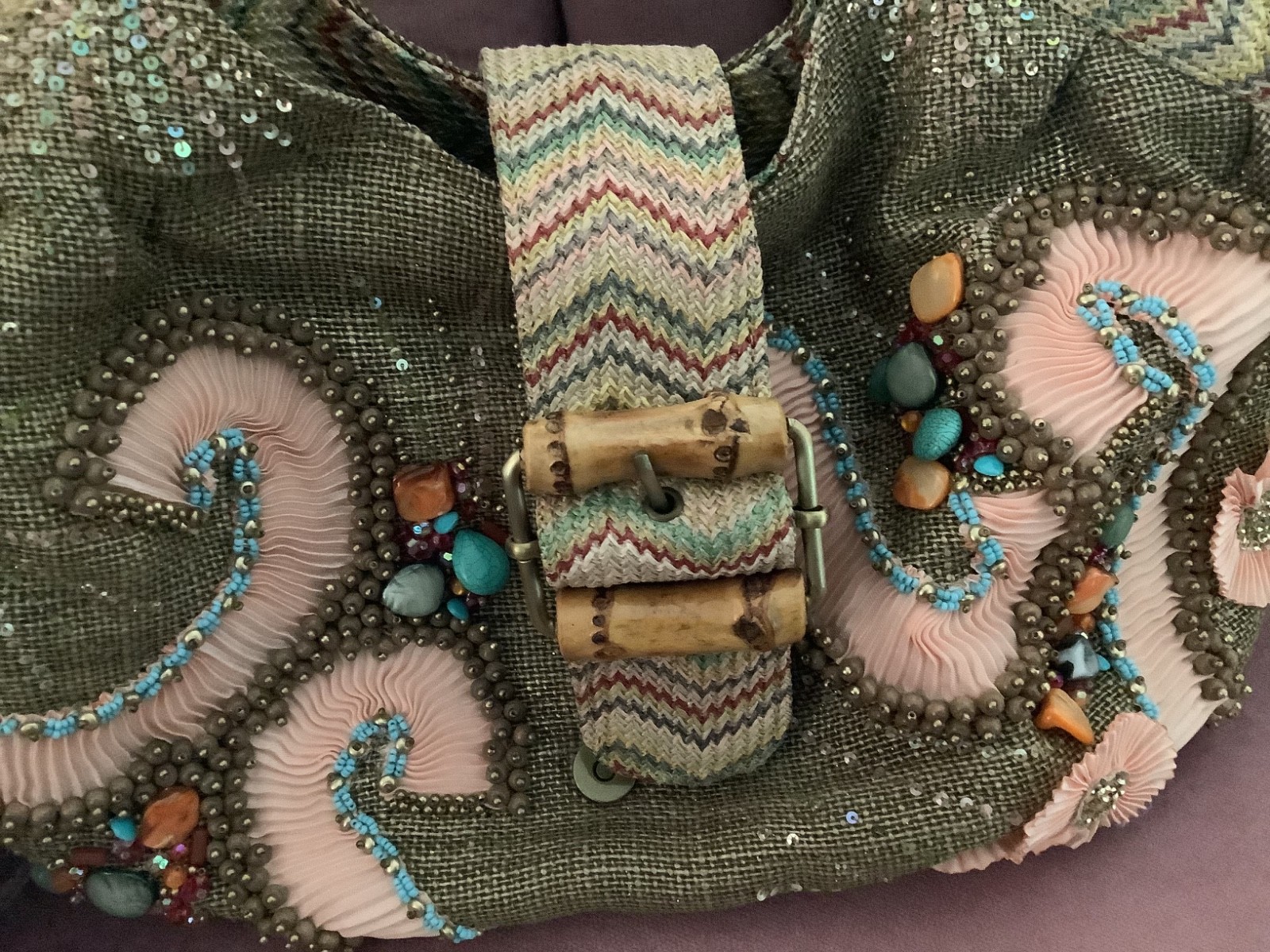 Mary Frances handbag. Unique with stones, beads and large buckle snap closure.