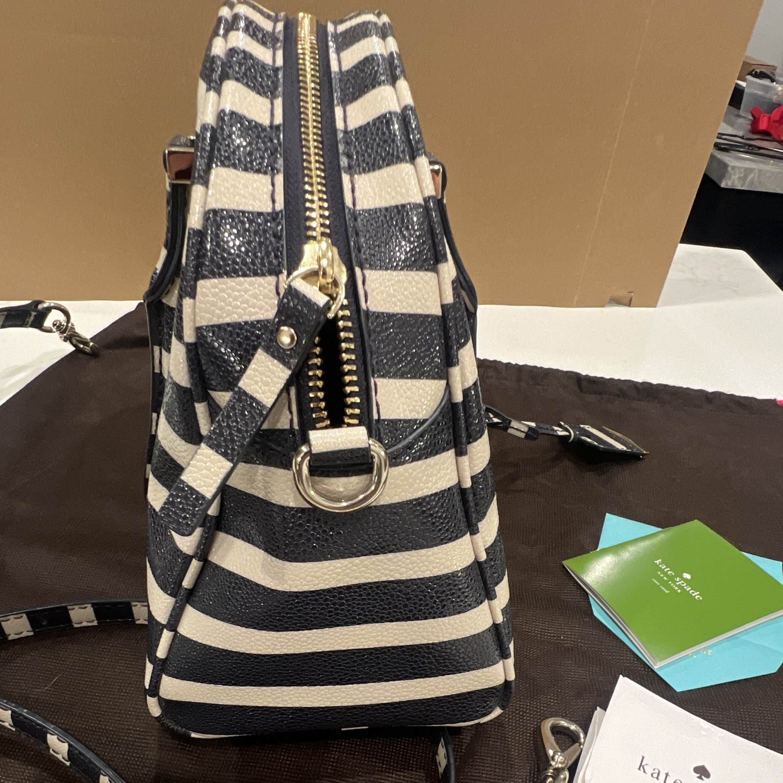 kate spade new york Black/Pebble Striped Satchel Zip, Detachable Strap, Dust Bag