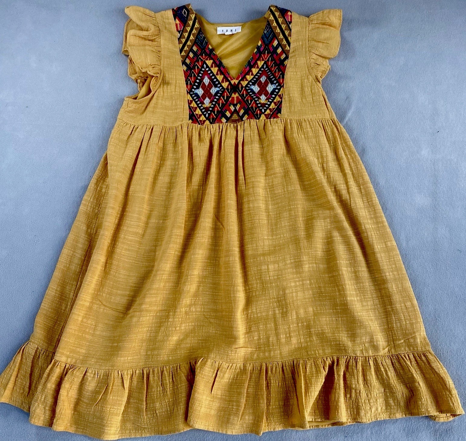 THML Sunflower Yellow Dress Small Aztec Embroidered Yoke Ruffled Cap Sleeves