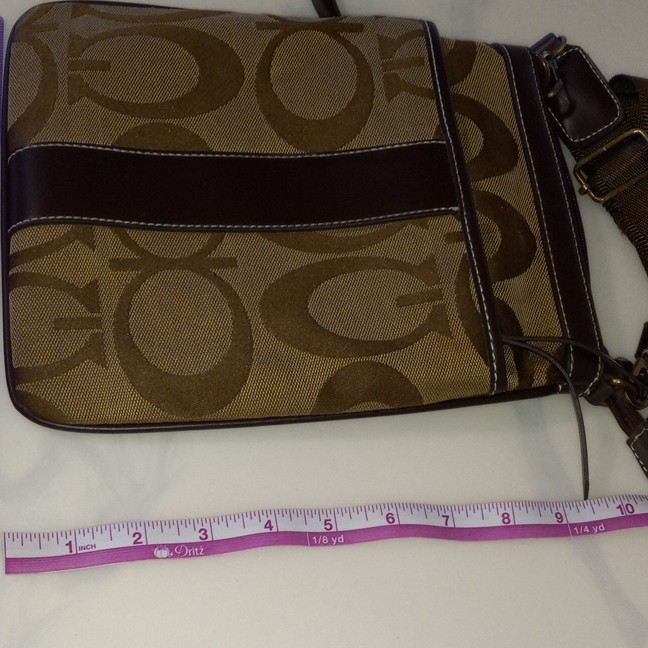 Brown Tan Logo Print Crossbody Bag Zip Closure Adjustable Strap Outer Pockets