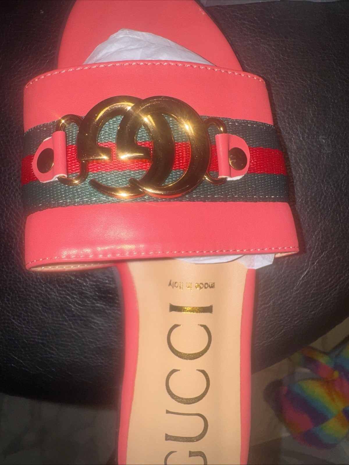 Gucci Women’s Red Striped Logo Web Slide Sandals Gold GG Slip On US 7.5