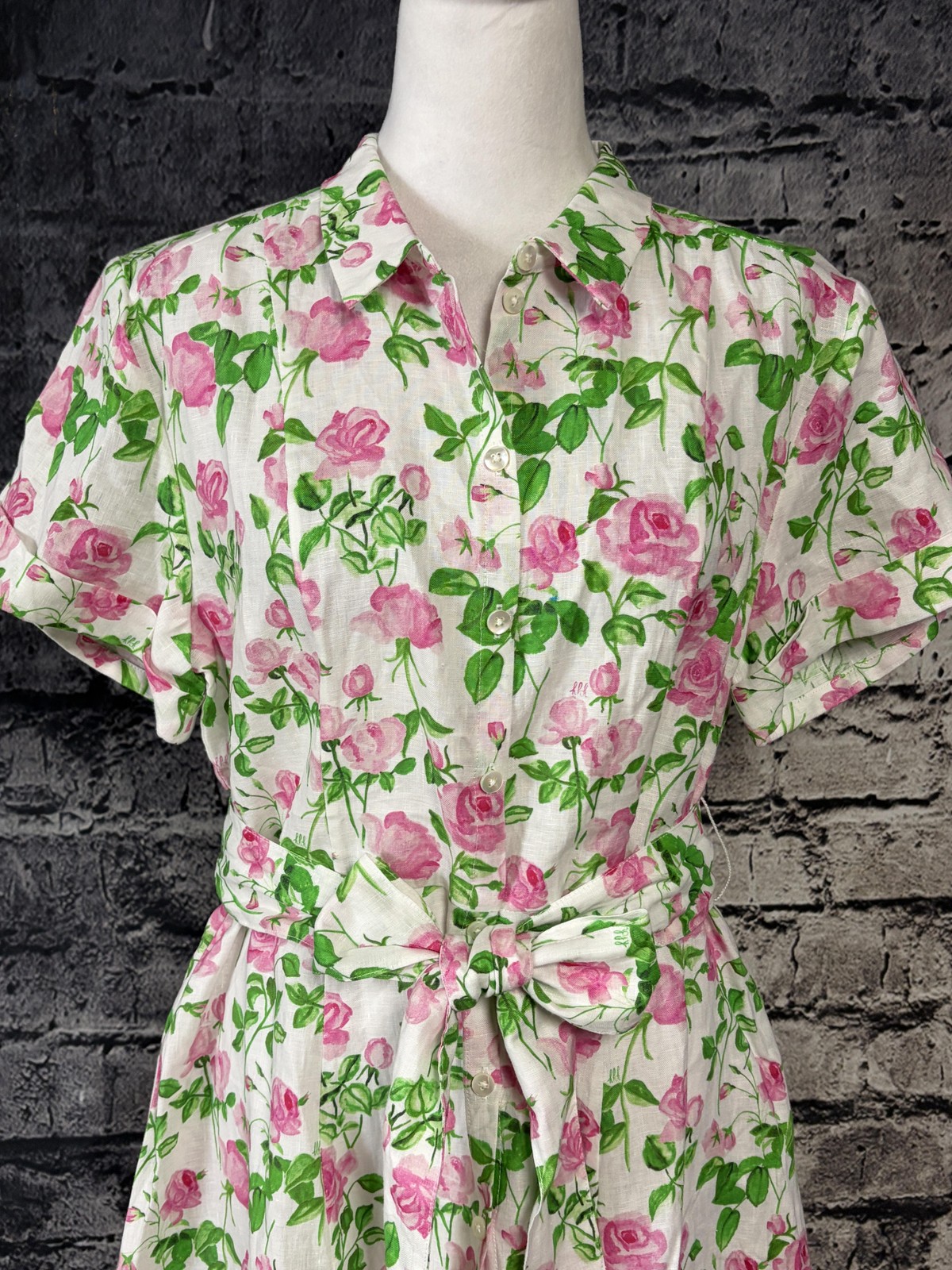 Hill House Laura Dress Womens Medium Pink Roses Linen Collared Belted Pockets