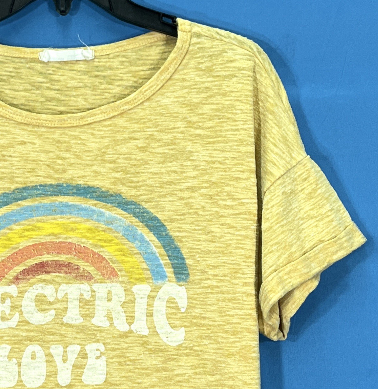 ELECTRIC LOVE Yellow SLUB KNIT Rainbow Pride PULLOVER Graphic T-Shirt Top Sz S