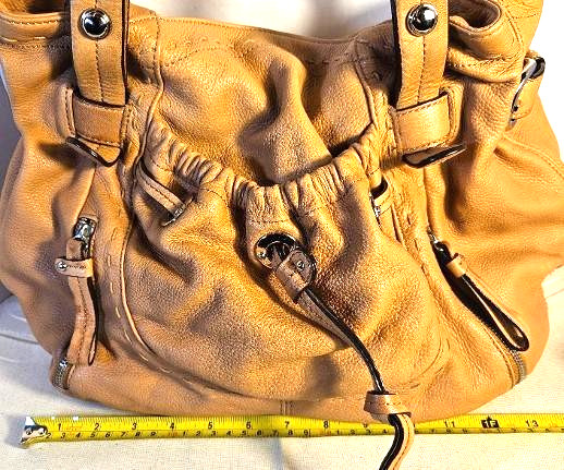 B. Makowsky Tan Pebbled Leather Hobo Shoulder Bag Drawstring Leopard Lining