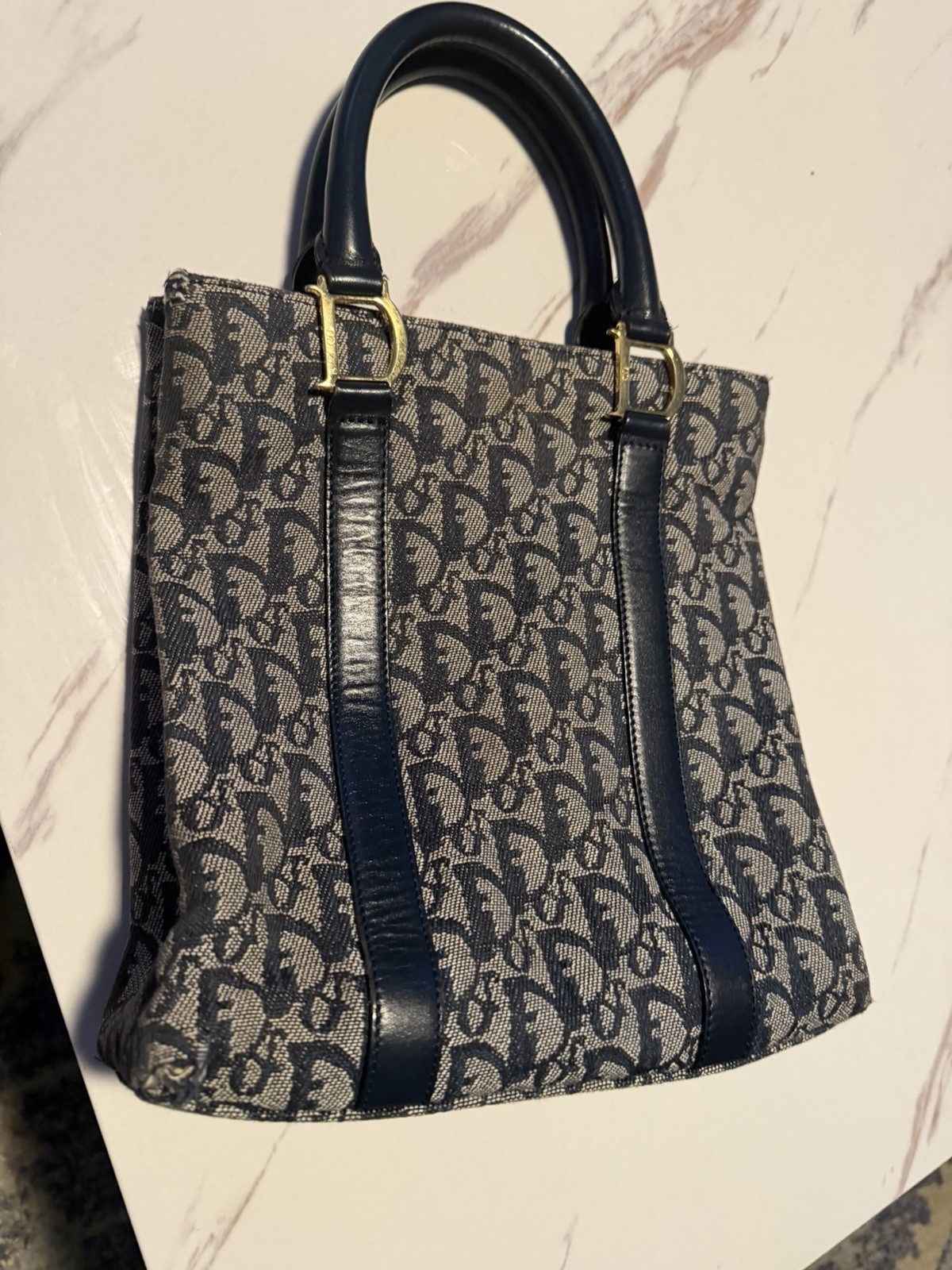 Dior vintage mongram Navy Patterned Tote Bag with Dark Blue Accents