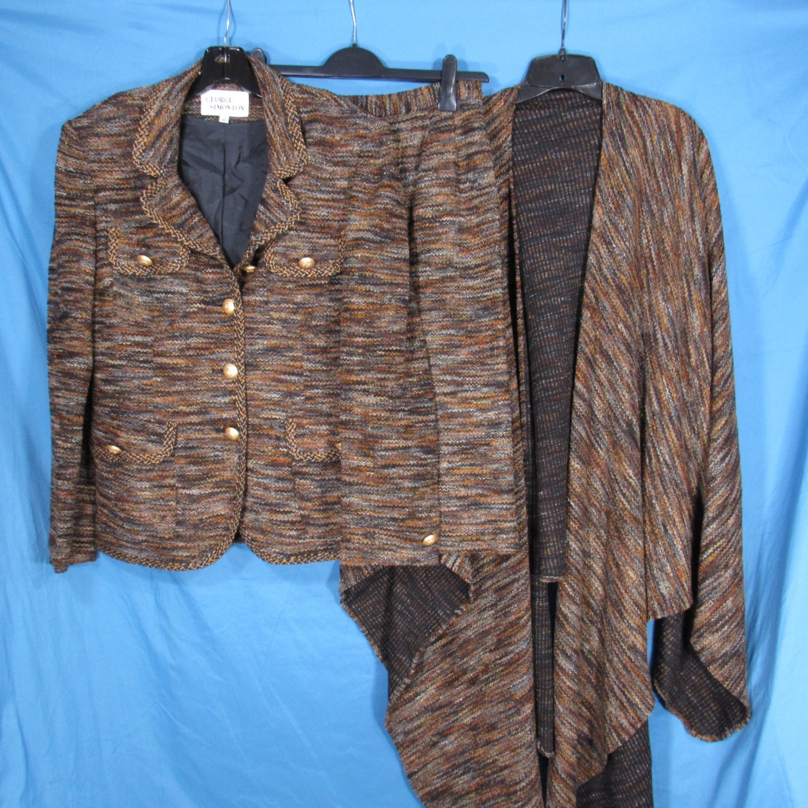 VTG GEORGE SIMONTON 3-Pc Brown/Multi TWEED Suit JACKET/SKIRT/WRAP Outfit Set 10