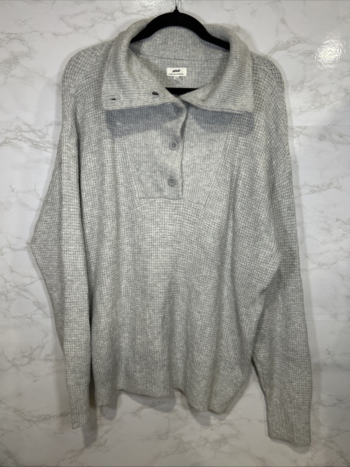 Aerie CozyUp Waffle Button Pullover Women Sweater Medium Heather Gray Sz Large