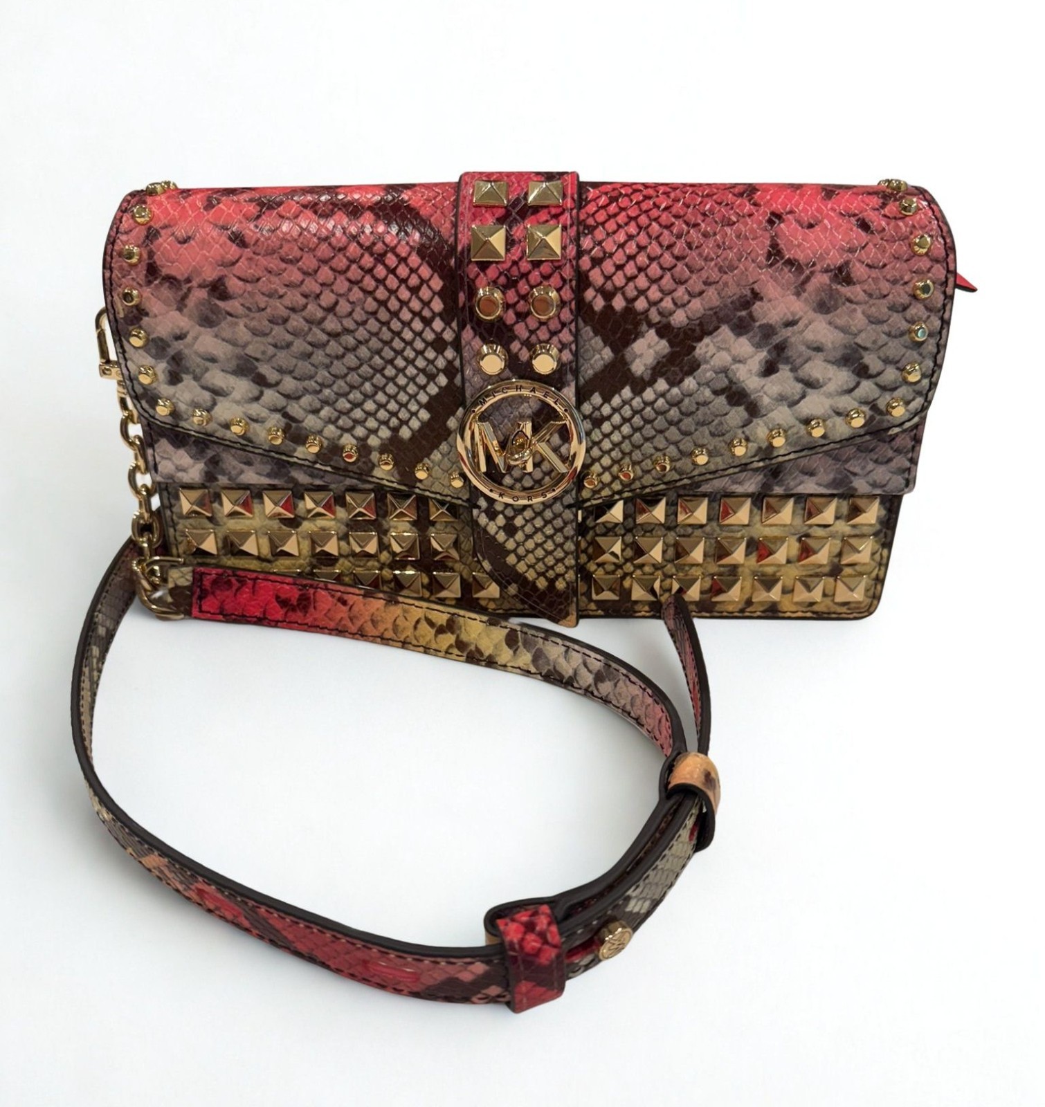 Michael Kors Greenwich Studded Snakeskin Print Leather Crossbody Bag Pink Ombre
