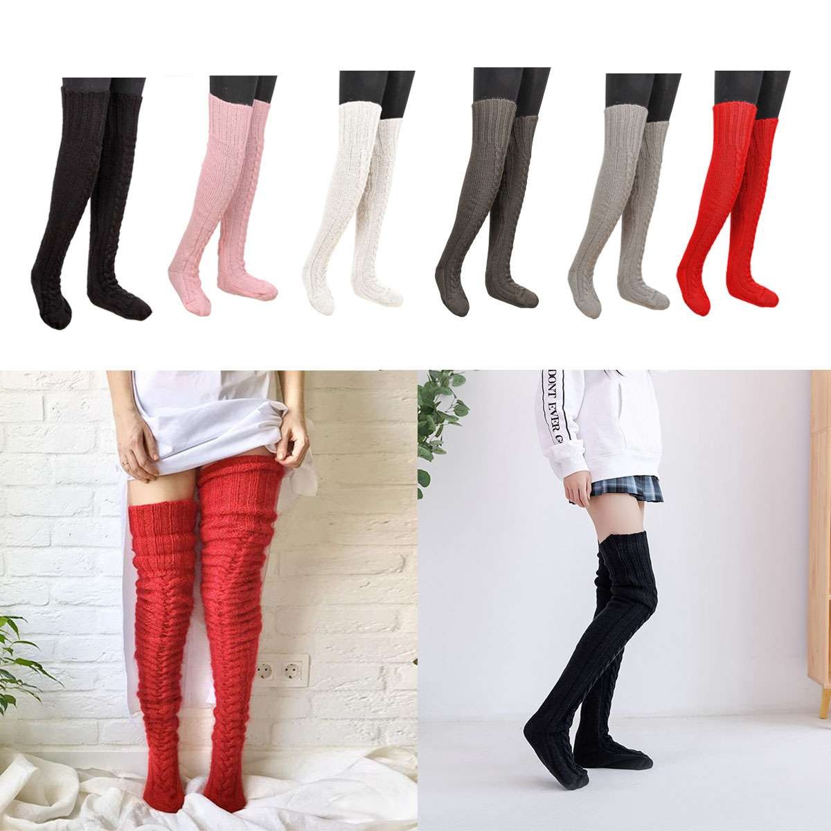Long Socks Warm Over Knee High Wool Knitted Thick Stockings Thigh Winter Women