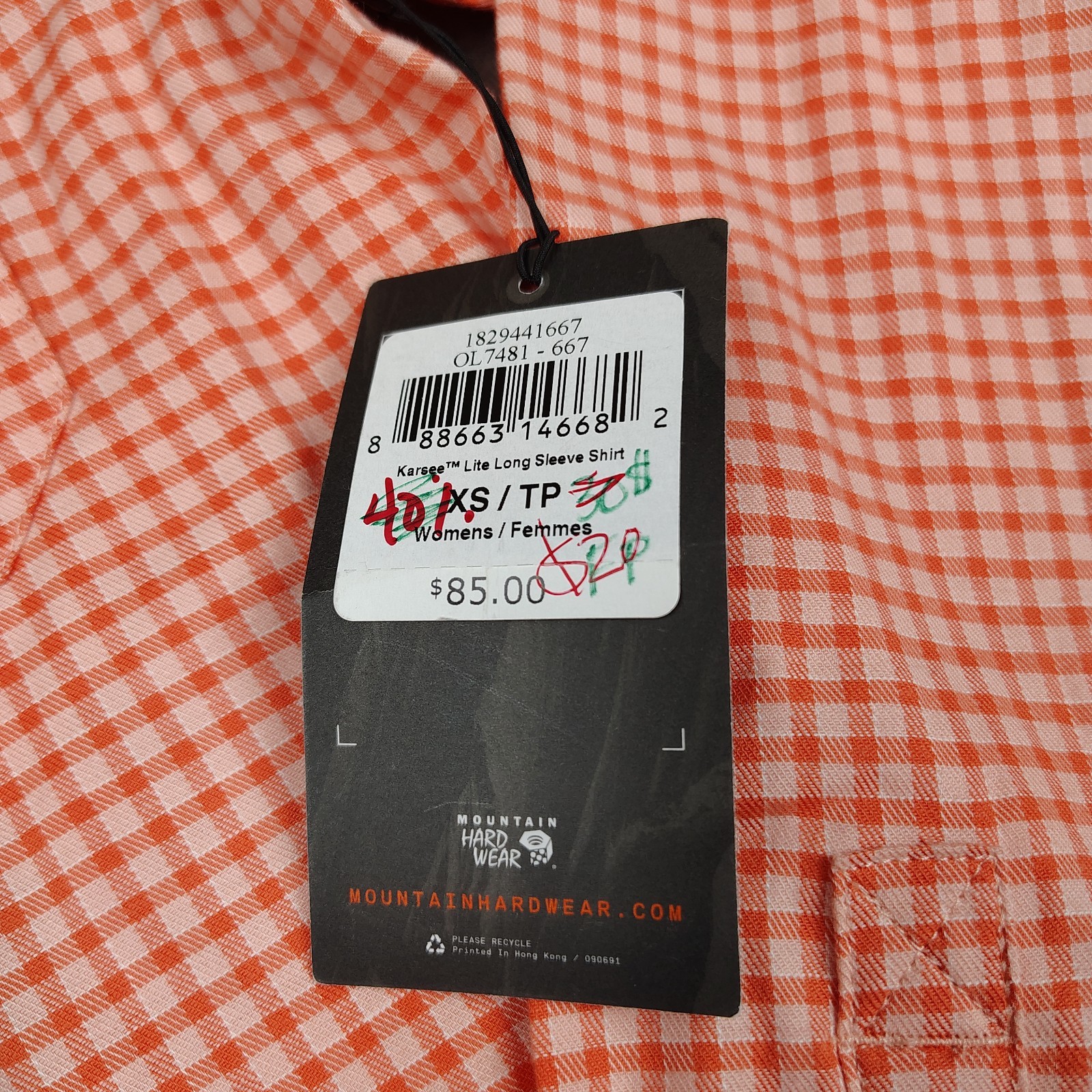 New Mountain Hardware Hiking Long Sleeve Shirt Women XS Coral Gingham Check $85